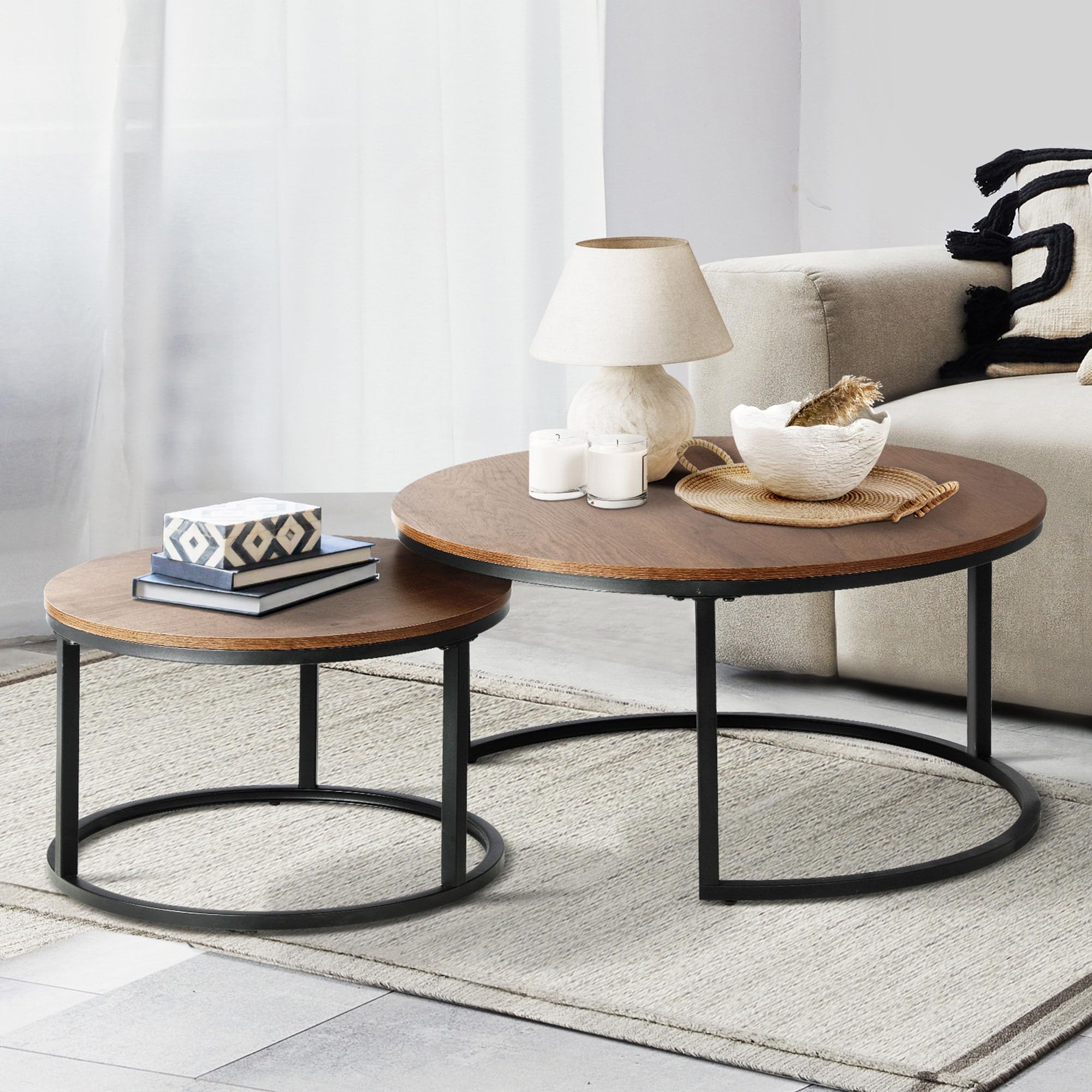 Hamdan Collection Accent Tables for The Living Room That are Stackable and Round, Modern, and Have an Industrial Wood Finish and Powder-Coated Metal Frame-Black Gold