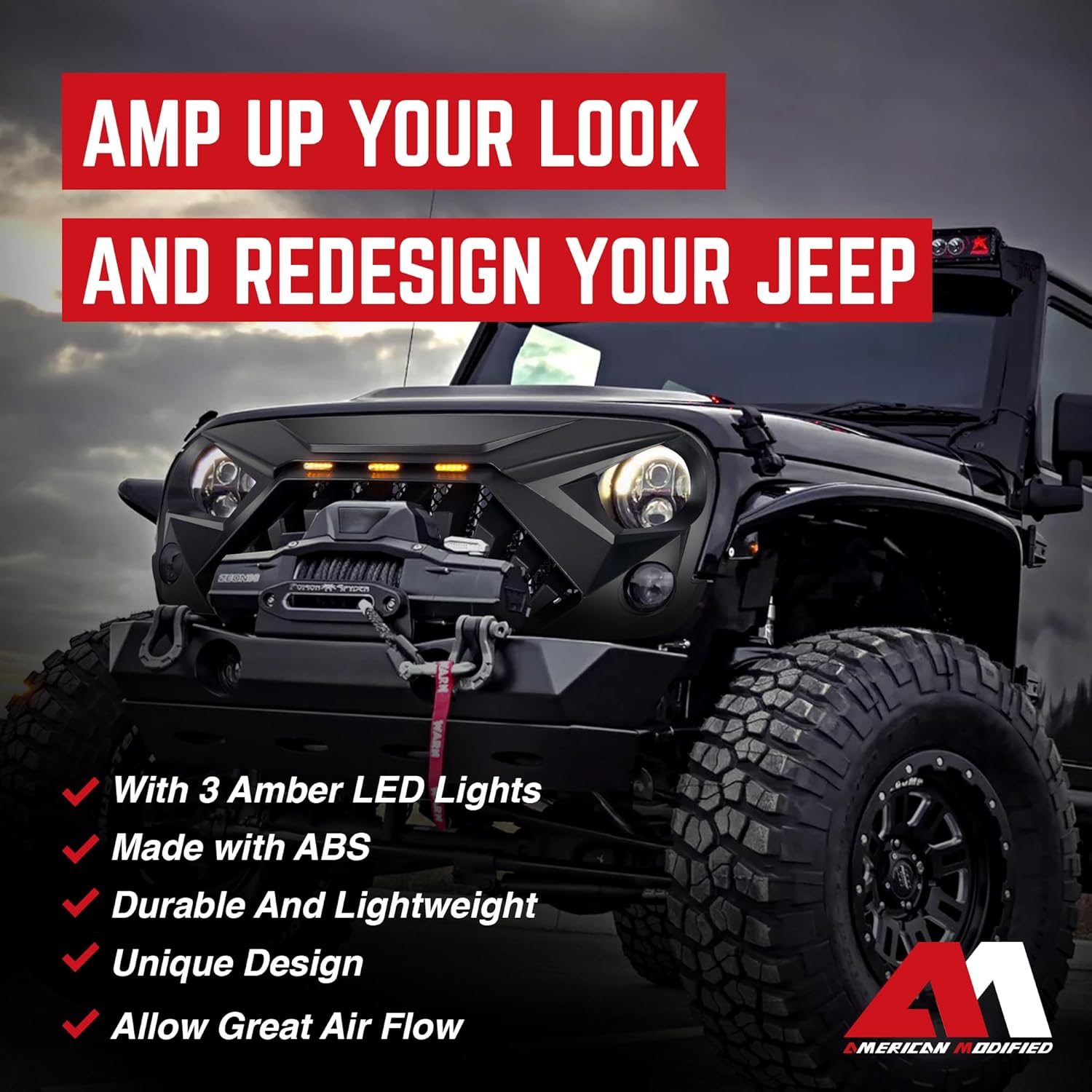 AMERICAN MODIFIED Front Goliath Grill w/ABS Construction & LED Lights, Compatible with Jeep Wrangler JK Models 2007-2018, Matte Black