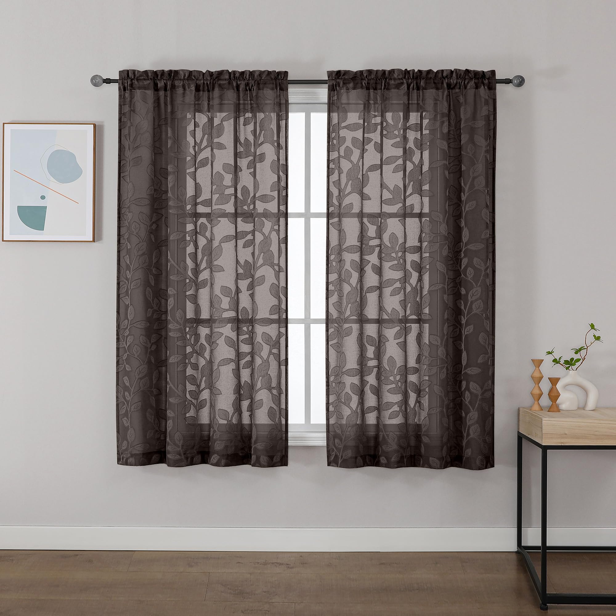 OVZME Brown Sheer Curtains 54 inches Long 2 Panels for Living Room, Jacquard Clip Leaf Pattern Textured Light Filtering Window Semi Sheer Voile Drapes for Bedroom, Each Panel 42 x 54 Inch — image 1