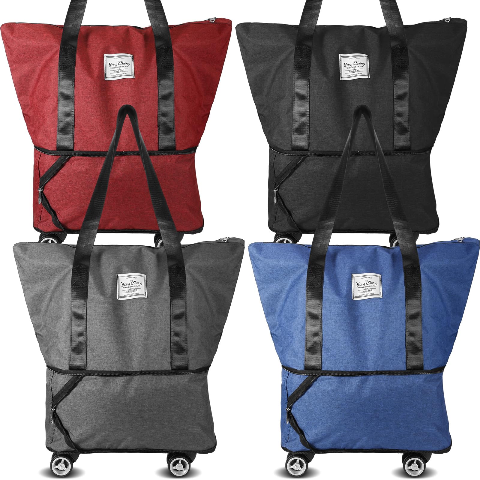 4 Pcs Rolling Duffle Bag with Wheels, Expandable Foldable Duffel Bag Shopping Bags Reusable Trolley Bag Waterroof Trolley Zipper Grocery Cart for Travelling Shopping, 4 Colors