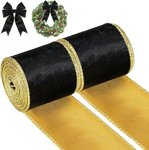 2 rollos de cinta de terciopelo navideño con borde con alambre, cinta para envolver, cinta de tela para hacer lazos de Navidad, decoración de