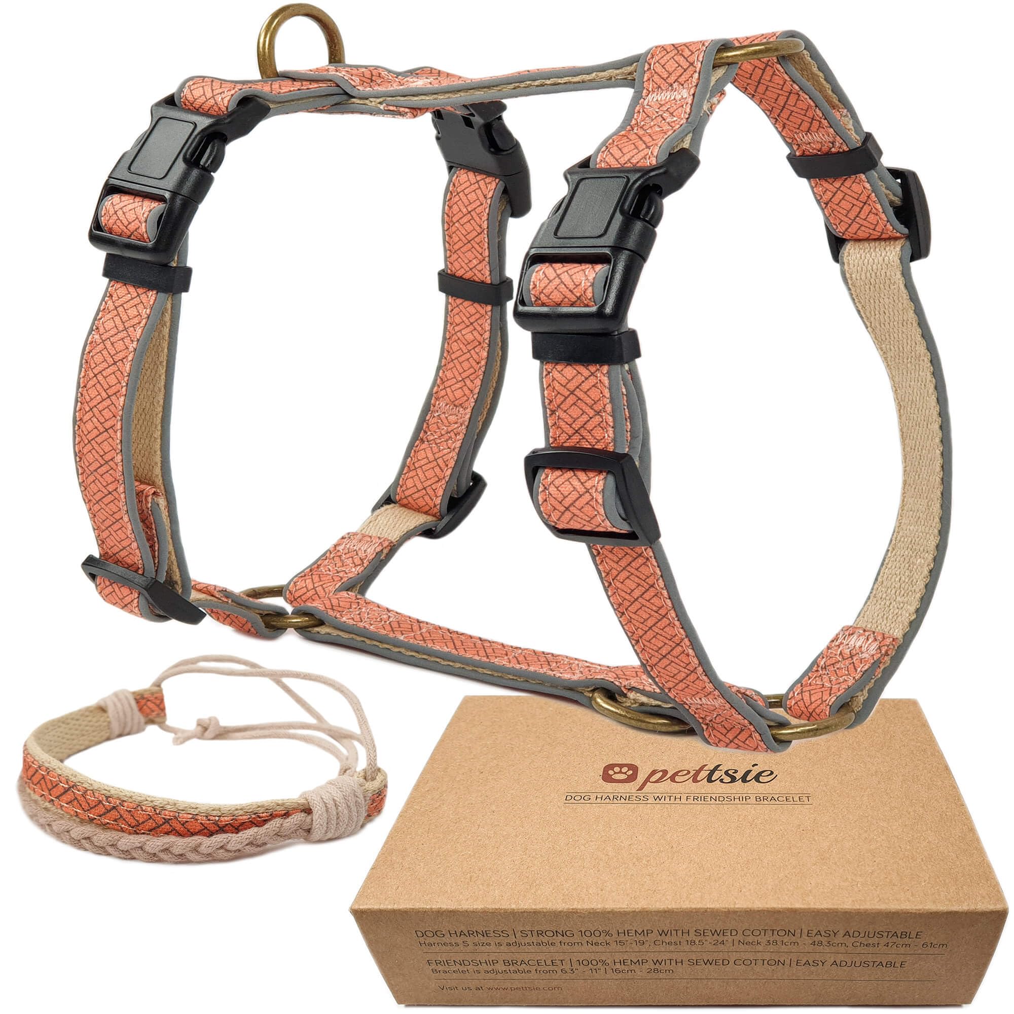 Pettsie No-Pull Dog Harness with Reflective Strips & Matching Bracelet – Adjustable Comfort Fit, Dual Leash Clips, Soft & Durable Hemp, Training &