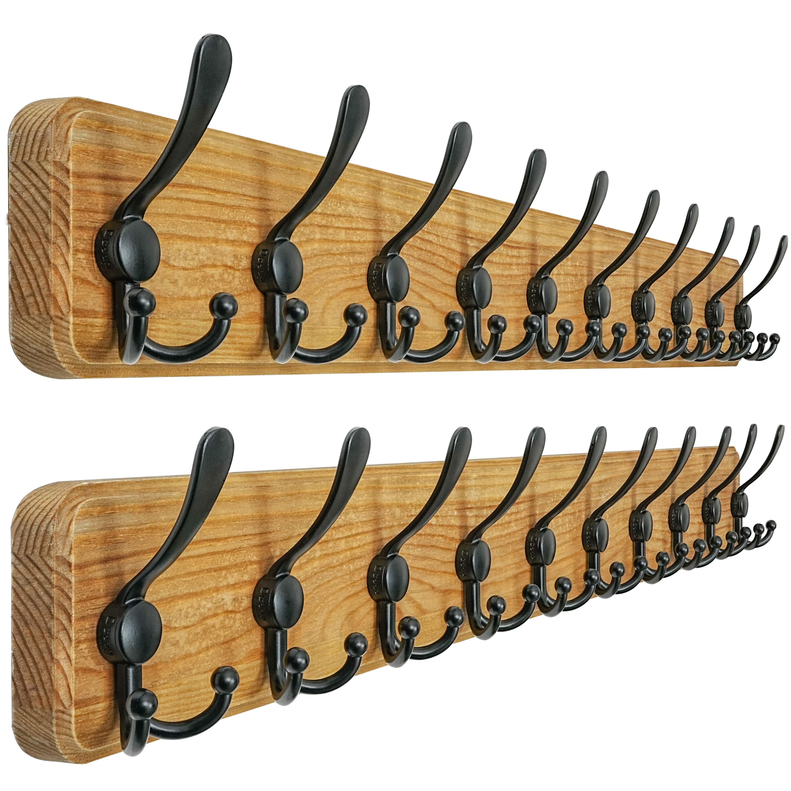 Dseap Coat Rack Wall - Heavy-Duty 97cm Long, with Reinforced 10 Custom Tri-Hooks, Solid Wood Wall Hanger for Coats Hat Jackets - Rustic Farmhouse Entryway Storage, Weathered Brown & Black, Pack of 2
