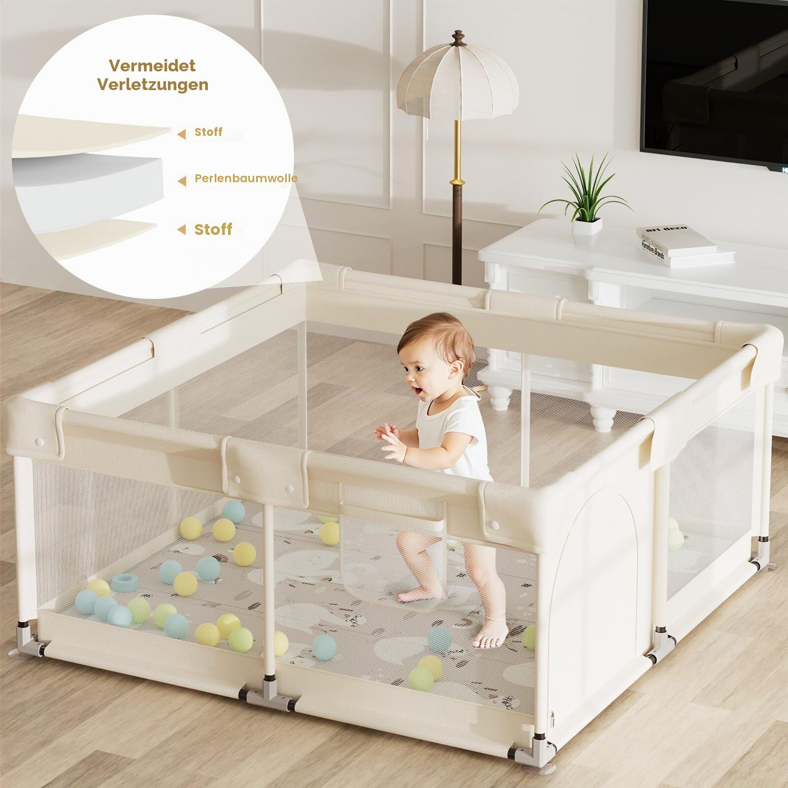 Laufstall Baby mit Matratze, Beige 120x120 Kleines Laufgitter Baby mit Matte, Laufstall für Apartment, Laufgitter mit Atmungsaktivem Netz an Vier Seiten und Saugnäpfen