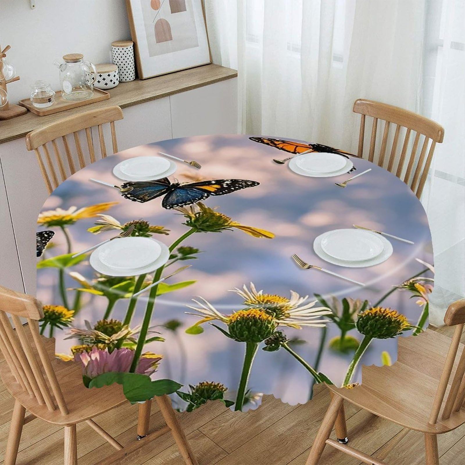 LZQPOEAS Flying Butterflies Round Tablecloth Rustic Circle Table Cloth Wrinkle Resistant Decor Tablecloth Waterproof Washable Table Cover for Kitchen Party Dining Table 60 Inch