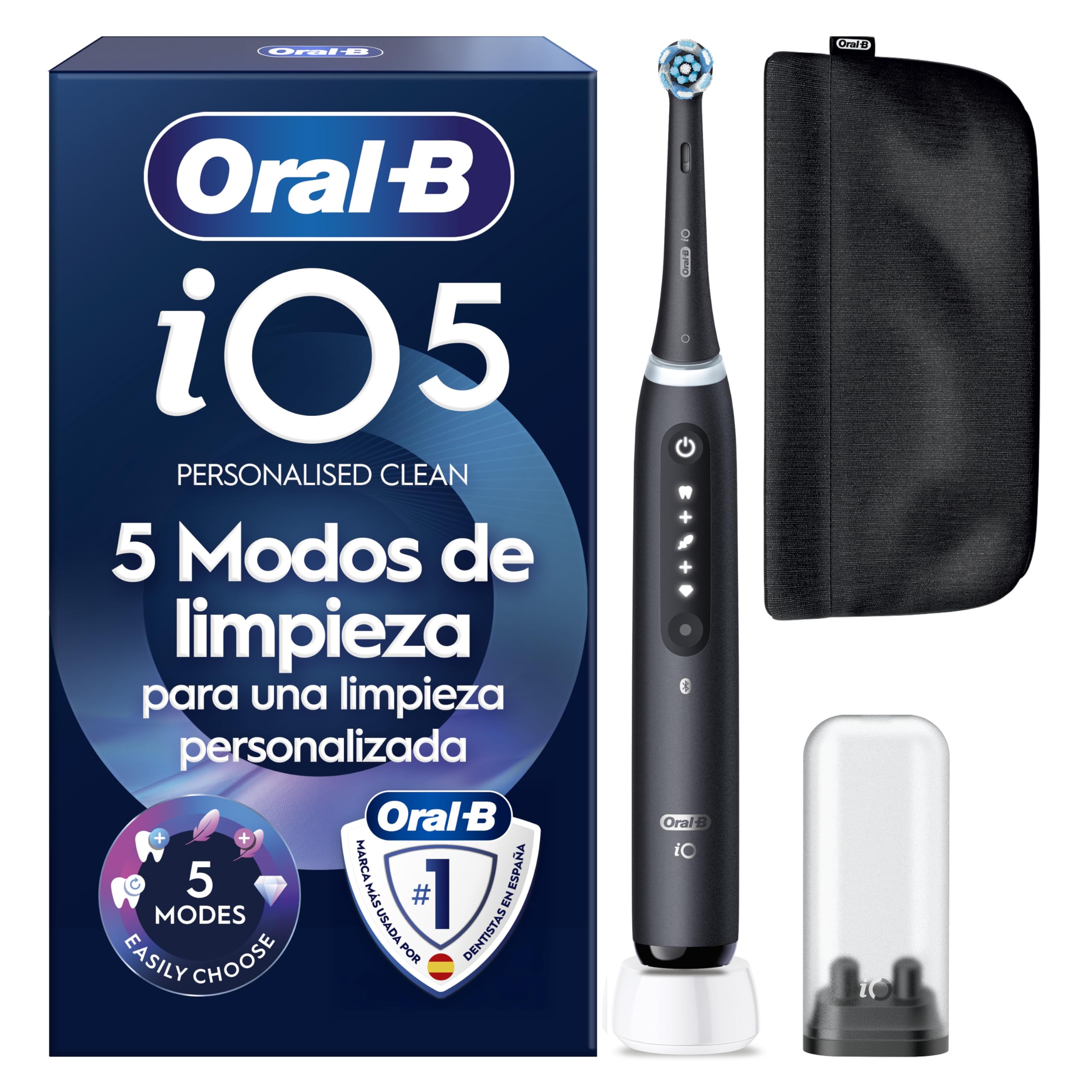 Oral-B iO 5 Cepillo de Dientes Eléctrico, 1 Cabezal, Negro - Cepillo Dental con Sensor de Presión, 5 Modos de Cepillado con Blanqueamiento Dental, Temporizador, Seguimiento con App, Estuche de Viaje