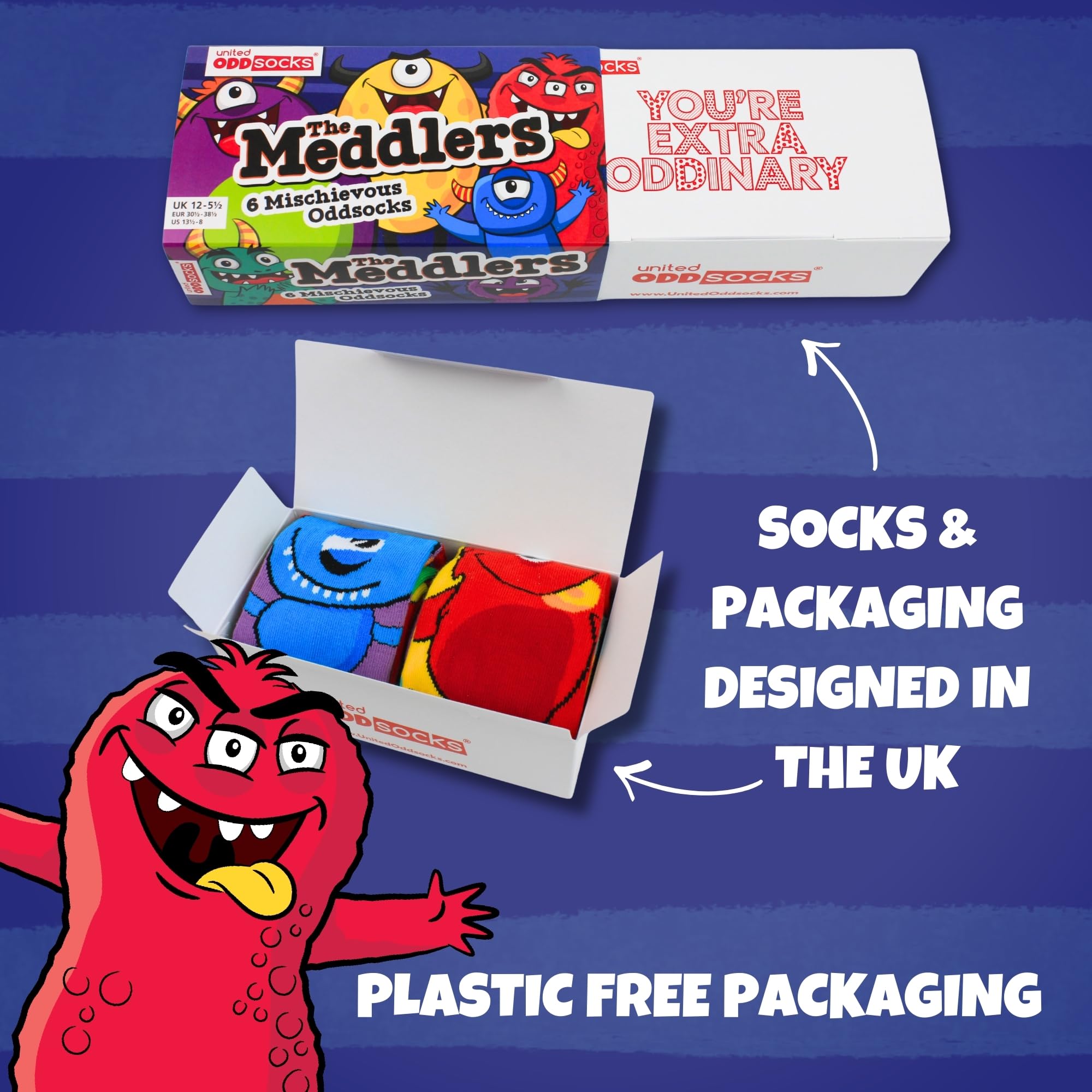 United Oddsocks The Meddlers Box 6 Oddsocks For Boys UK 12-5.5 EUR 30.5-38.5 US 13.5-8