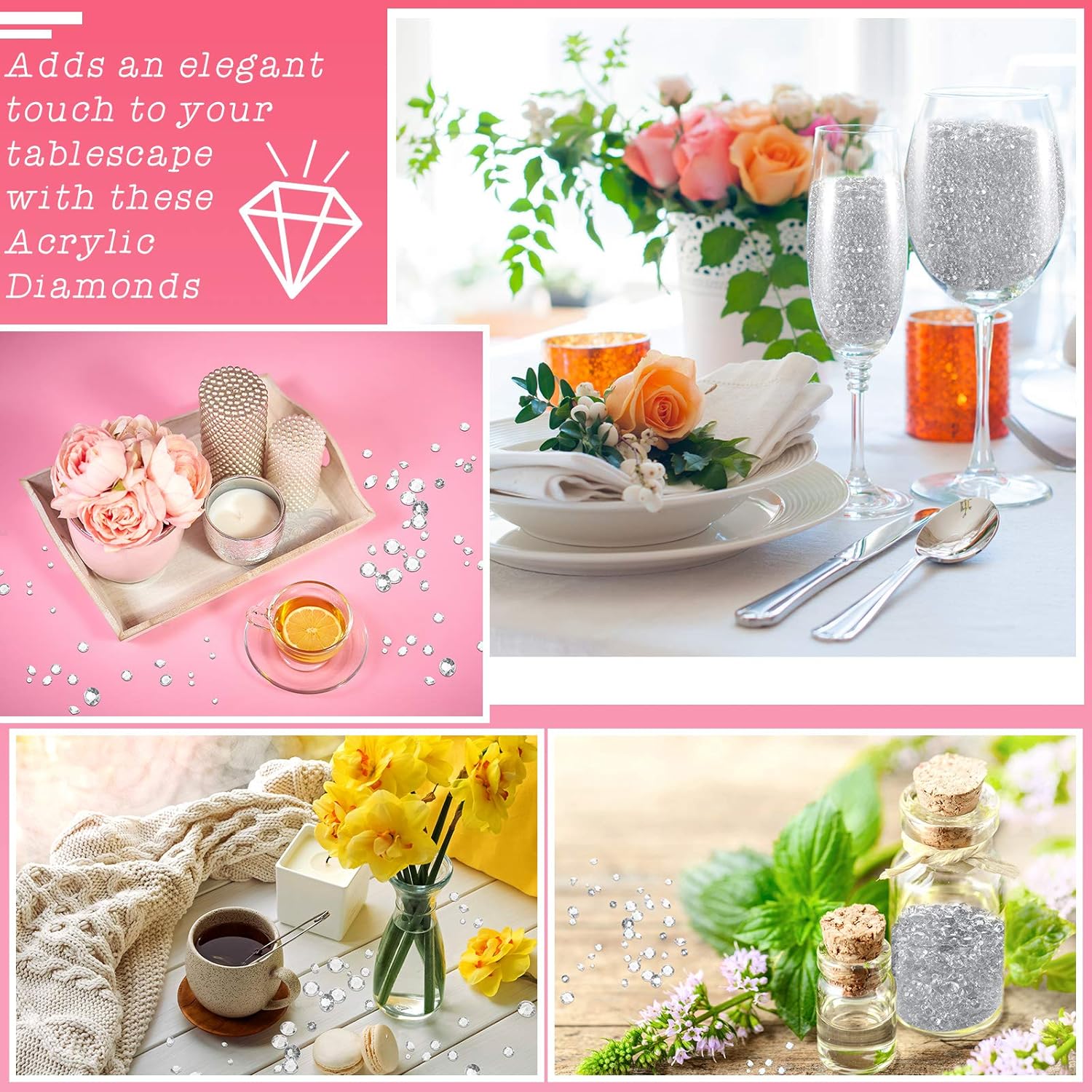 Hicarer 7000 Pieces Diamond Decorations Bling Bling Diamond Vase Filler Acrylic Gem Table Scatter Crystals in Four Sizes Table Decorations for Wedding Birthday Party Bridal Shower(White) - Image 4