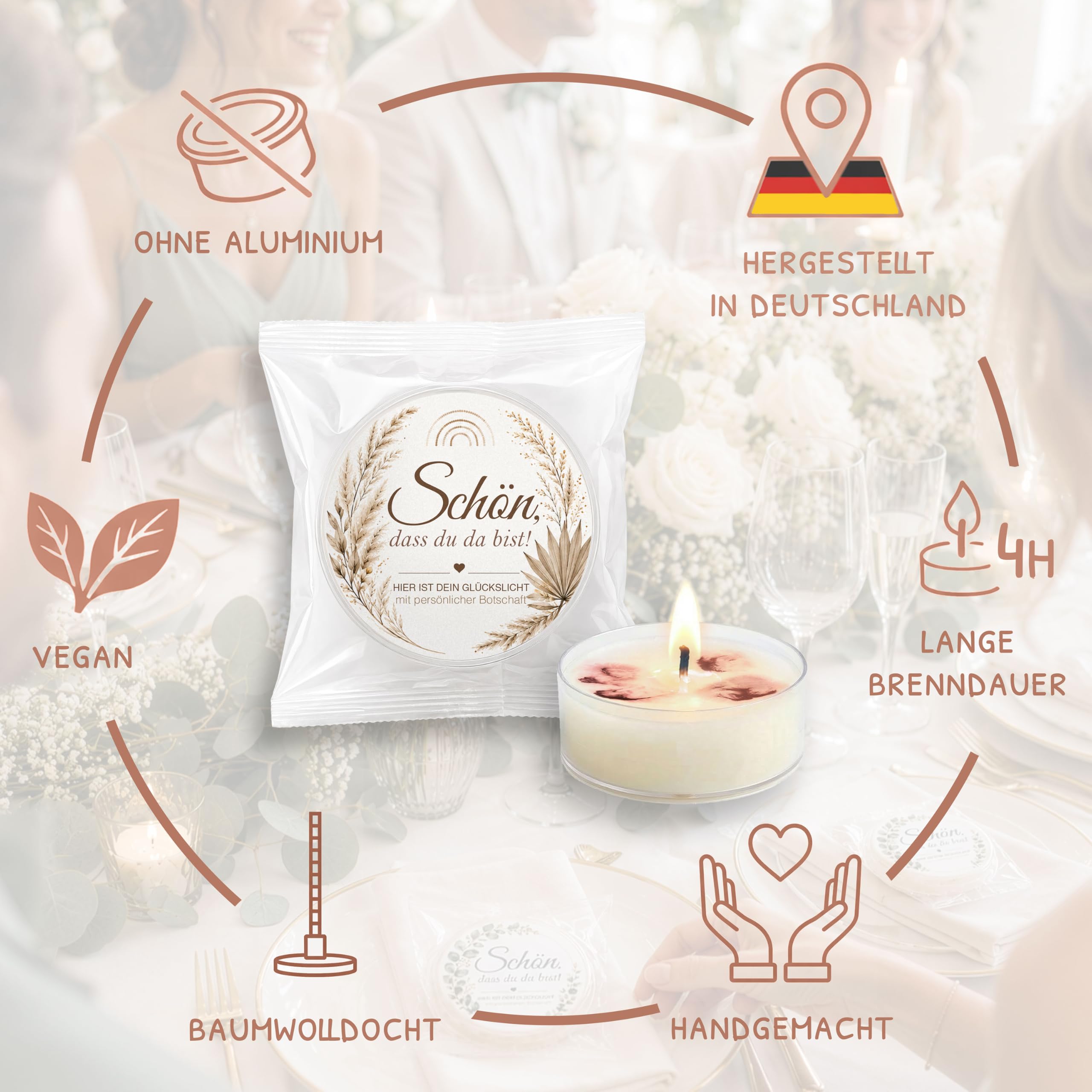 Gastgeschenke Hochzeit 36x Teelichter mit Spruch Schön dass du da bist | Boho Bohemian Stil, Hochzeit vegane Mitgebsel, Tischdeko, Gastgeschenk für Gäste, wie Glückskekse,handgemacht in Berlin