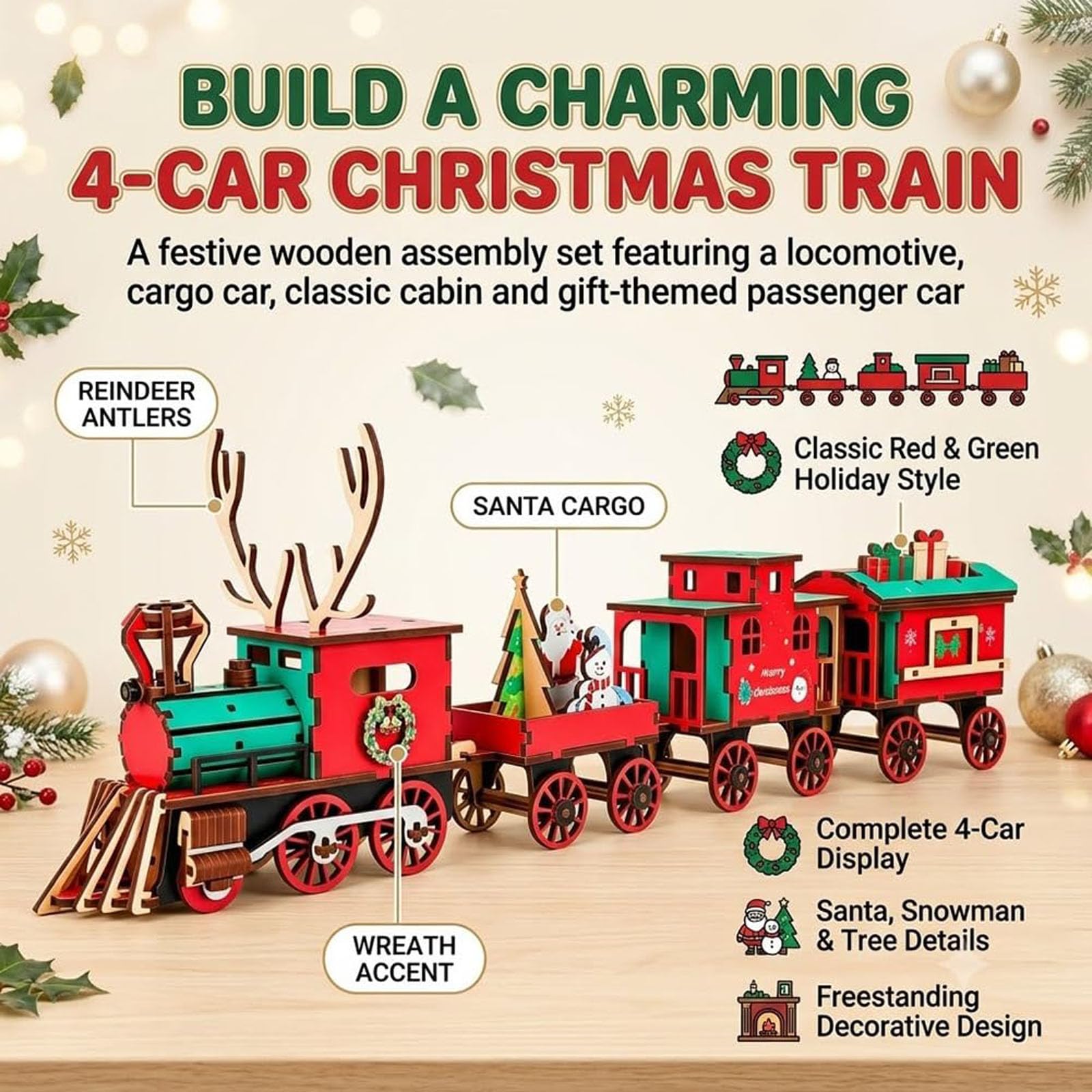 Juego de Rompecabezas de ensamblaje 3D de Tren de Madera navideño DIY (2pcs)