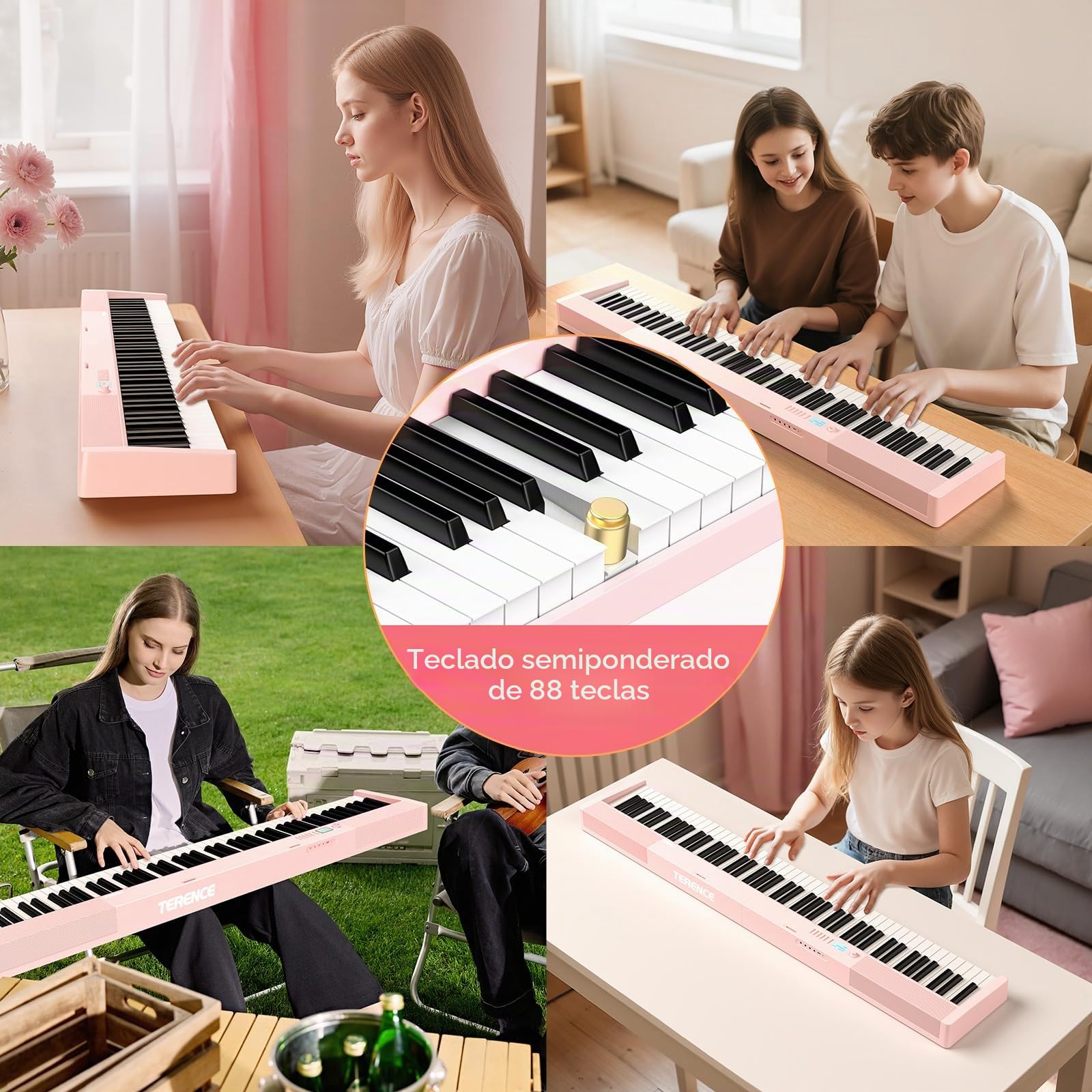 TERENCE Piano digital para adultos, instrumento musical con 88 teclas ponderadas, batería de 1800 mAh, 2 altavoces de 25 W, piano plegable, portátil, compatible con Bluetooth e interfaces MIDI,Rosa