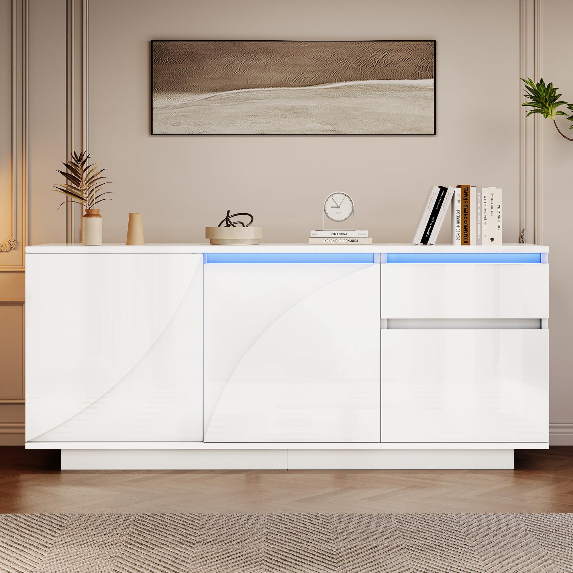 Hochglanz Sideboard Wohnzimmer mit 3 Schränken und 1 Schubladen, Buffetschrank mit LED-Lichtleiste, 140 * 40 * 60cm, Modern Wohnzimmerschrank für Schlafzimmer, Büros, Flur, Weiß