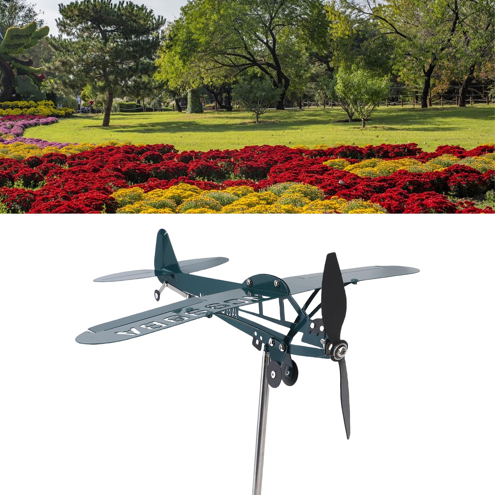 Molino de Viento de Avión, Veleta Meteorológica, Decoración de Metal Resistente para Jardín Al Aire Libre, Valla para el Hogar, Verde Oscuro