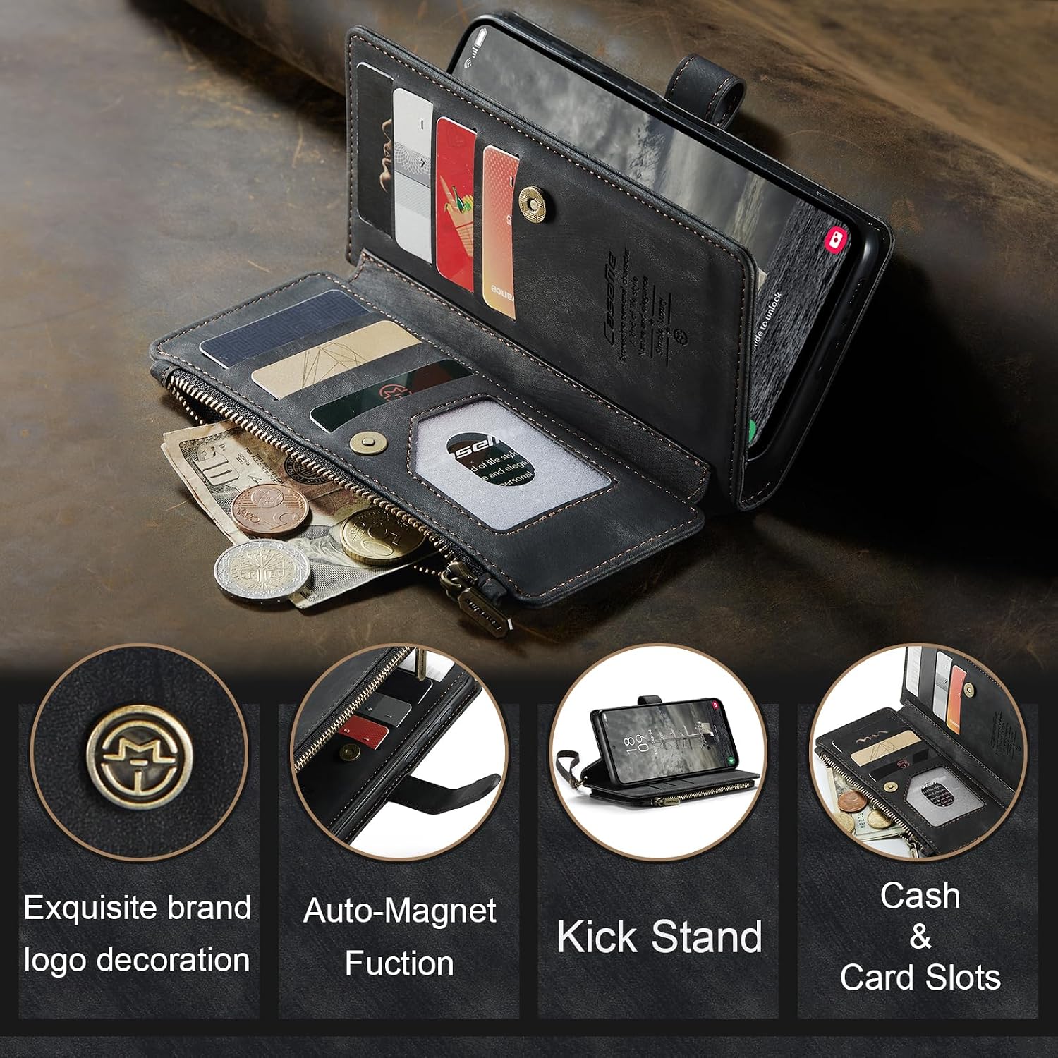 CaseMe Wallet Case for Samsung Galaxy A35 5G, Multifunction Premium PU Leather Zipper Flip Dust/Shockproof Case Built-in [Magnetic Closure] [Kickstand] [Card Slots] for Samsung Galaxy A35 5G (Black)