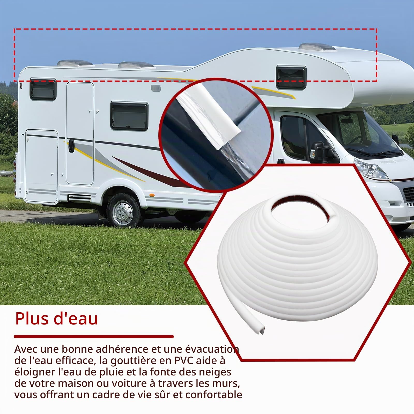 Gouttière Camping Car - 5 mètres de Bande de Caoutchouc Pour Gouttières - Bande de Protection en PVC - Déflecteur d'eau de pluie en forme de J - Autocollante Pour Portes et Gouttières (blanc)