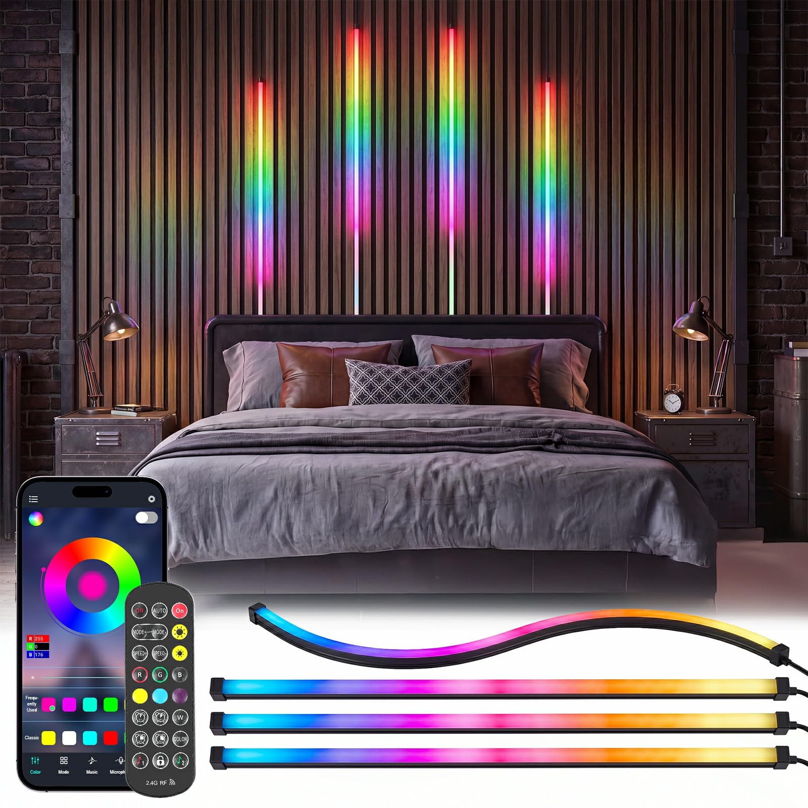 LED Strip Lights for Acoustic Wall Panels, 4x1M Acoustic Panels Embedded RGB LED Light Strips, Flexible Wall panel LED Lighting Strip Kit with App & Remote Control, Music Sync, Cuttable for Room Decor