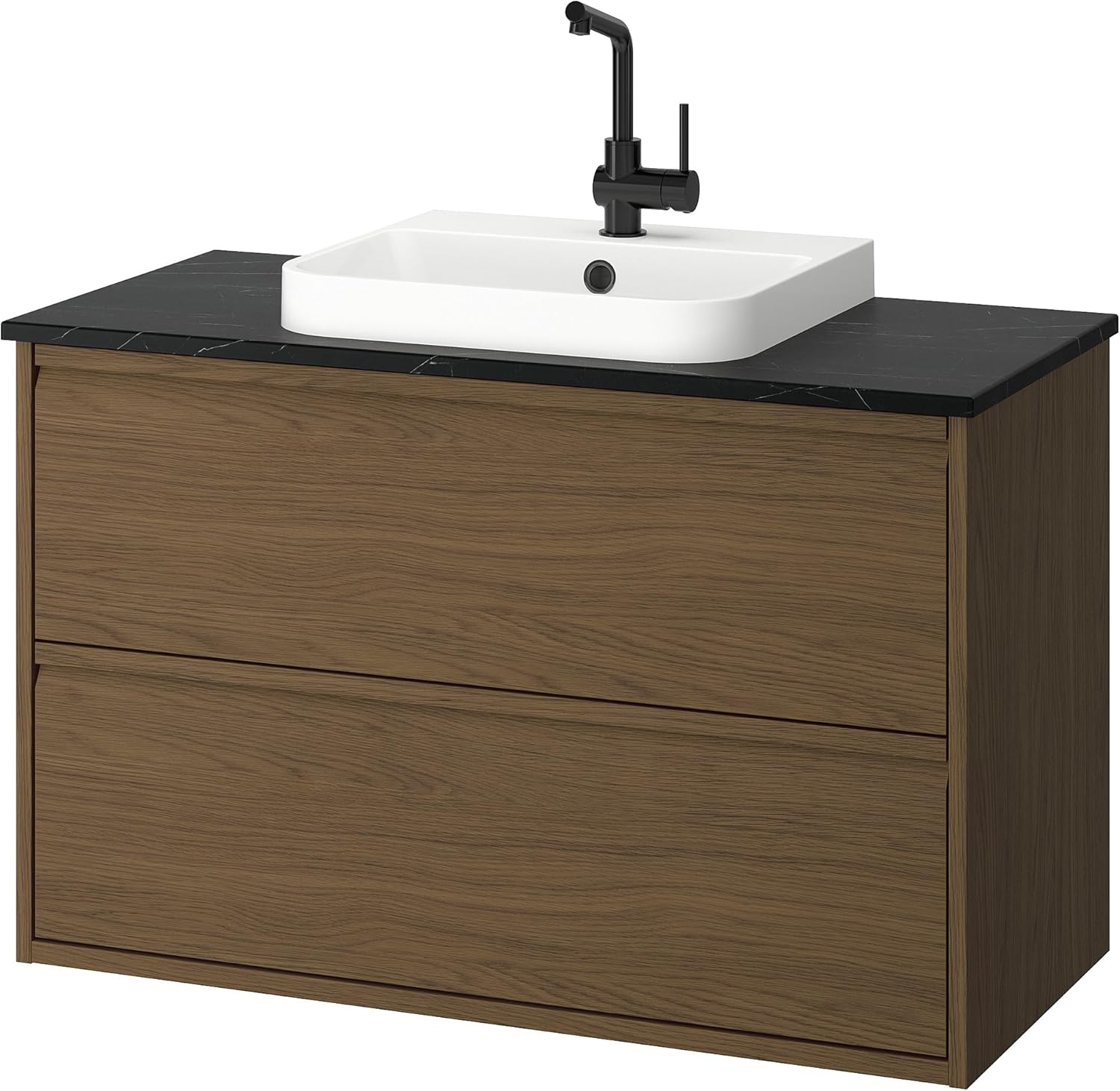 BACKSJÖN/ÄNGSJÖN Wash-stnd w drawers/wash-basin/tap, brown oak effect/black marble effect, 102x49x71 cm