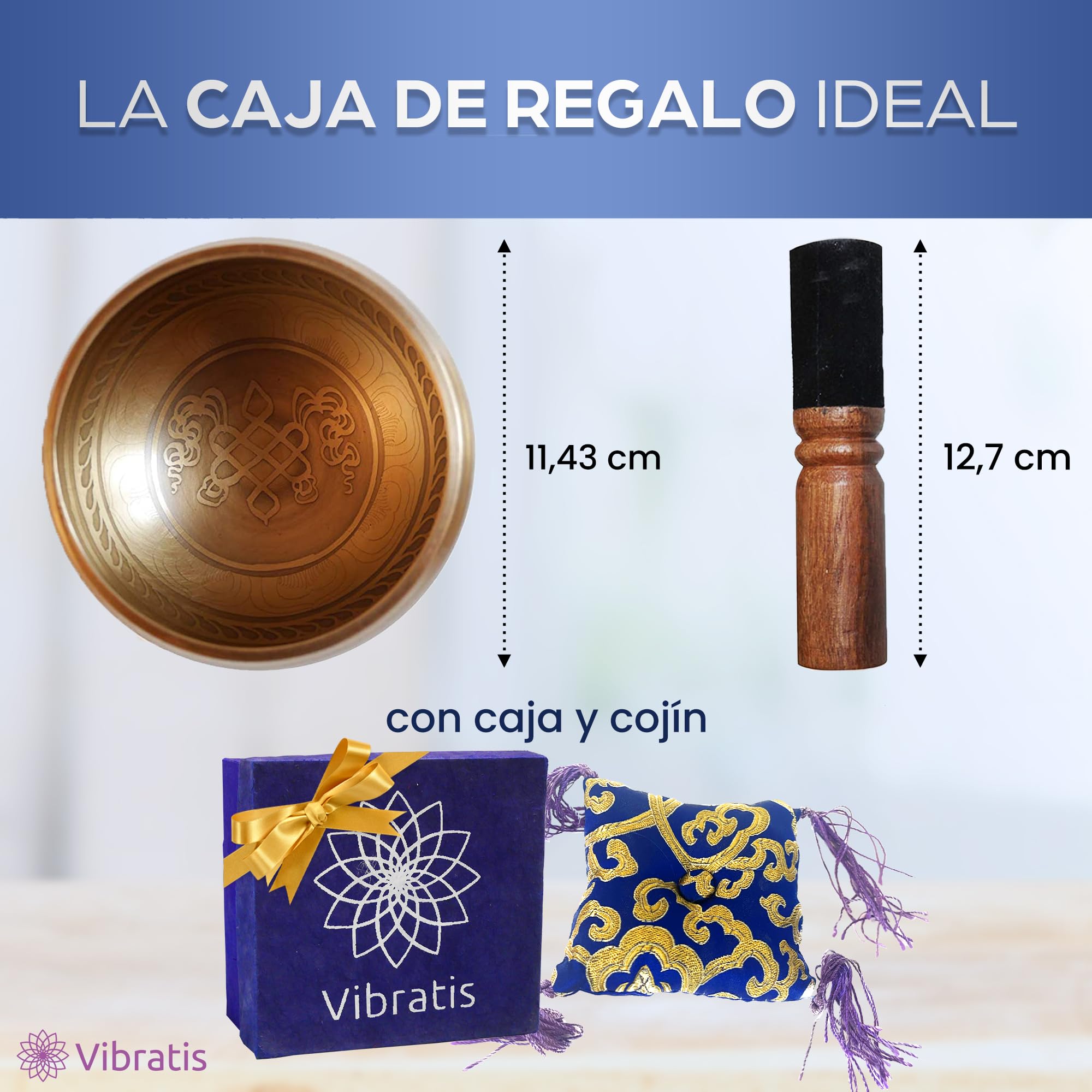 Cuenco Tibetano de Bronce Hecho a Mano en Nepal Ø11.43cm – Cojín, Mazo de Madera, Caja Lokta [Garantía Satisfacción 30 Días]