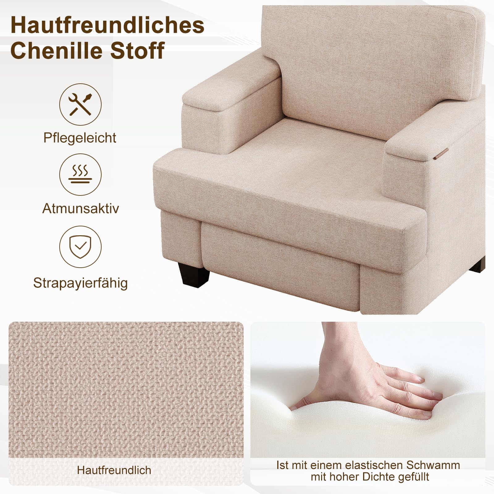 Extragroß Ohrensessel Sessel Wohnzimmer mit Stauraum, Fernsehsessel Relaxsessel mit Stauraum & Wurfkissen mit Armlehnen, Polstersessel Einzelsofa für Wohnzimmer Schlafzimmer, Beige