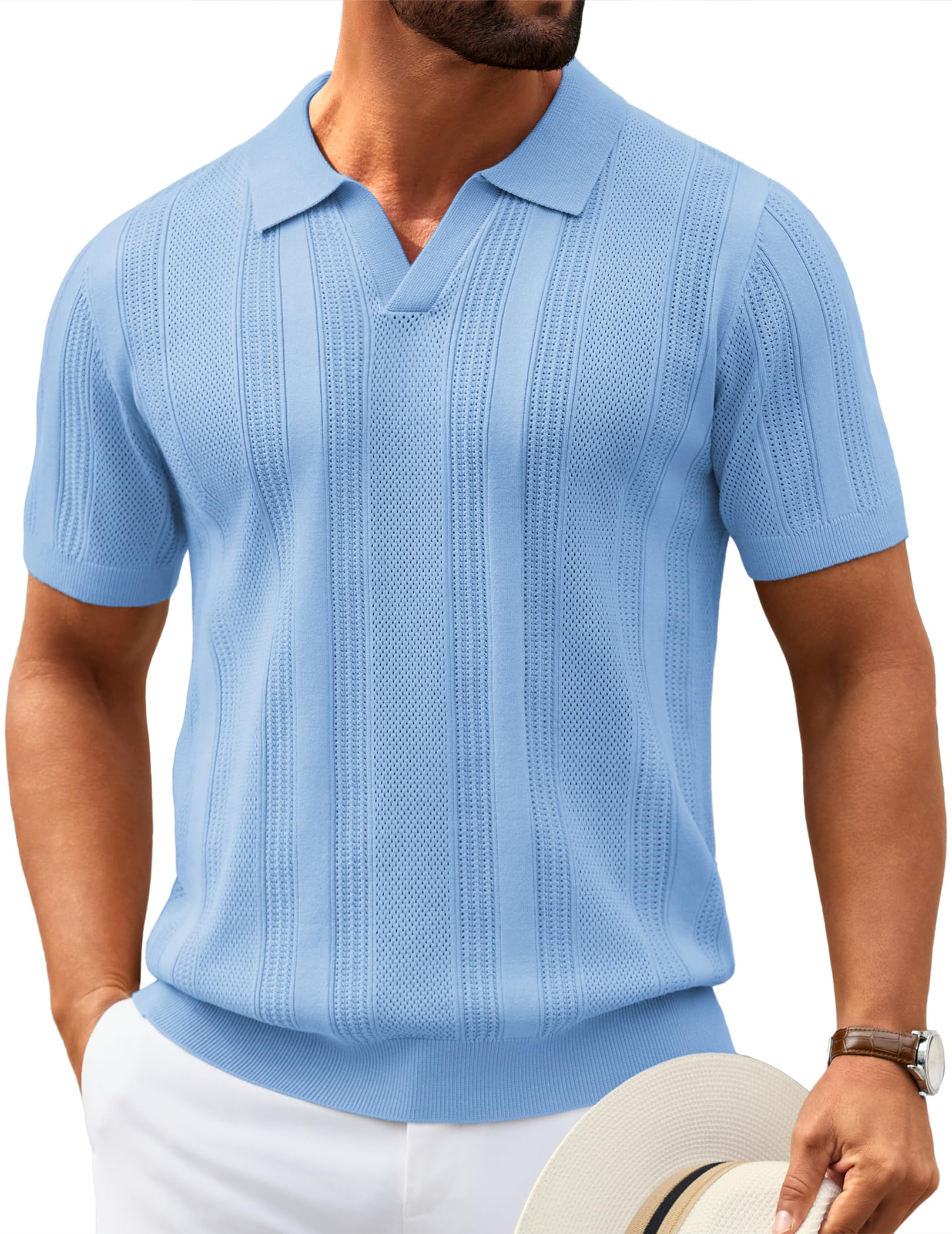 COOFANDY Mens Knit Polo Shirts V Neck Textured Polo Shirts