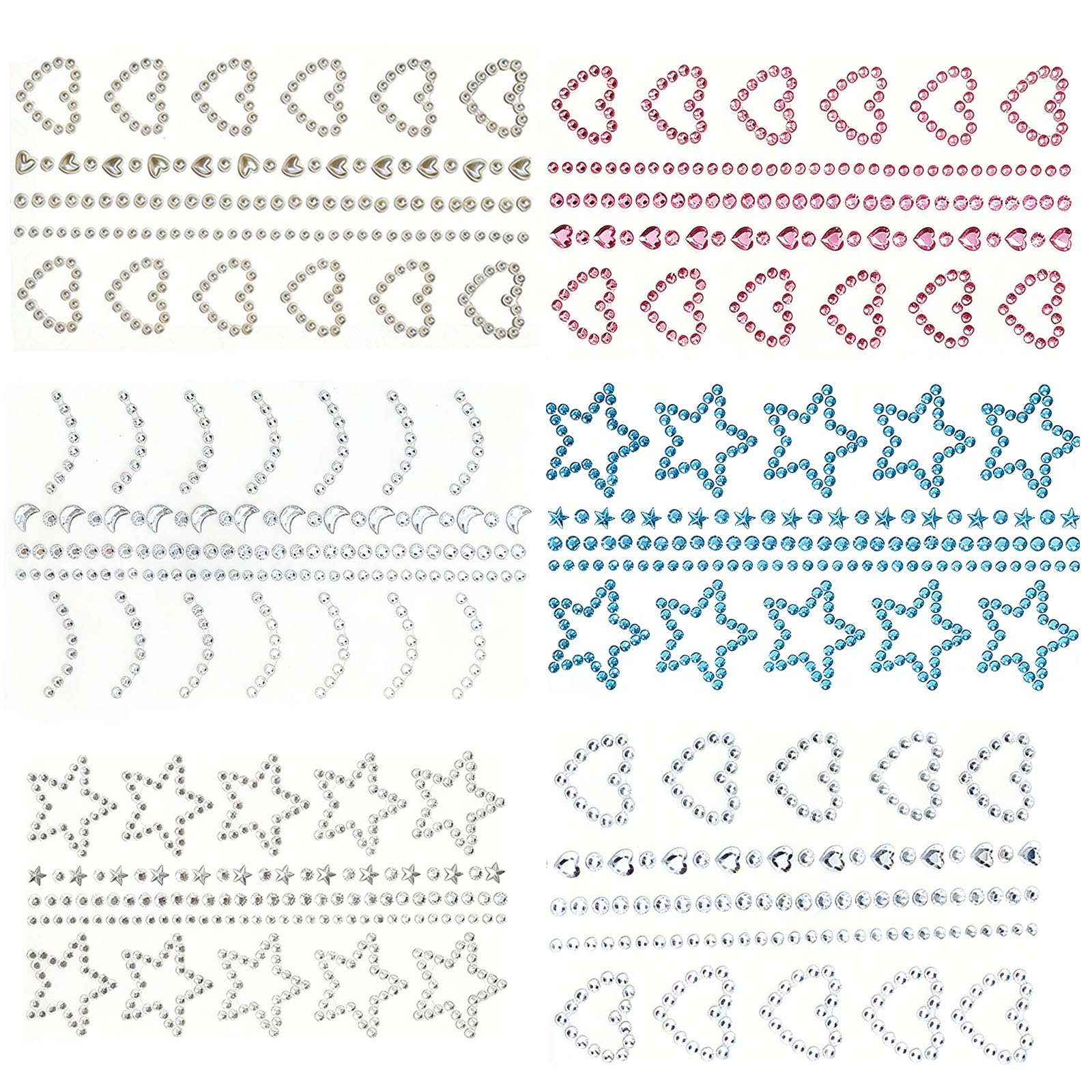6 Fogli Pietre per Capelli Autoadesive Gemme Gioielli Rhinestone Stickers Brillantini Adesivi Strass Autoadesivi Colorati per Trucco del Viso e Degli Occhi per Festival Musicali Halloween Feste