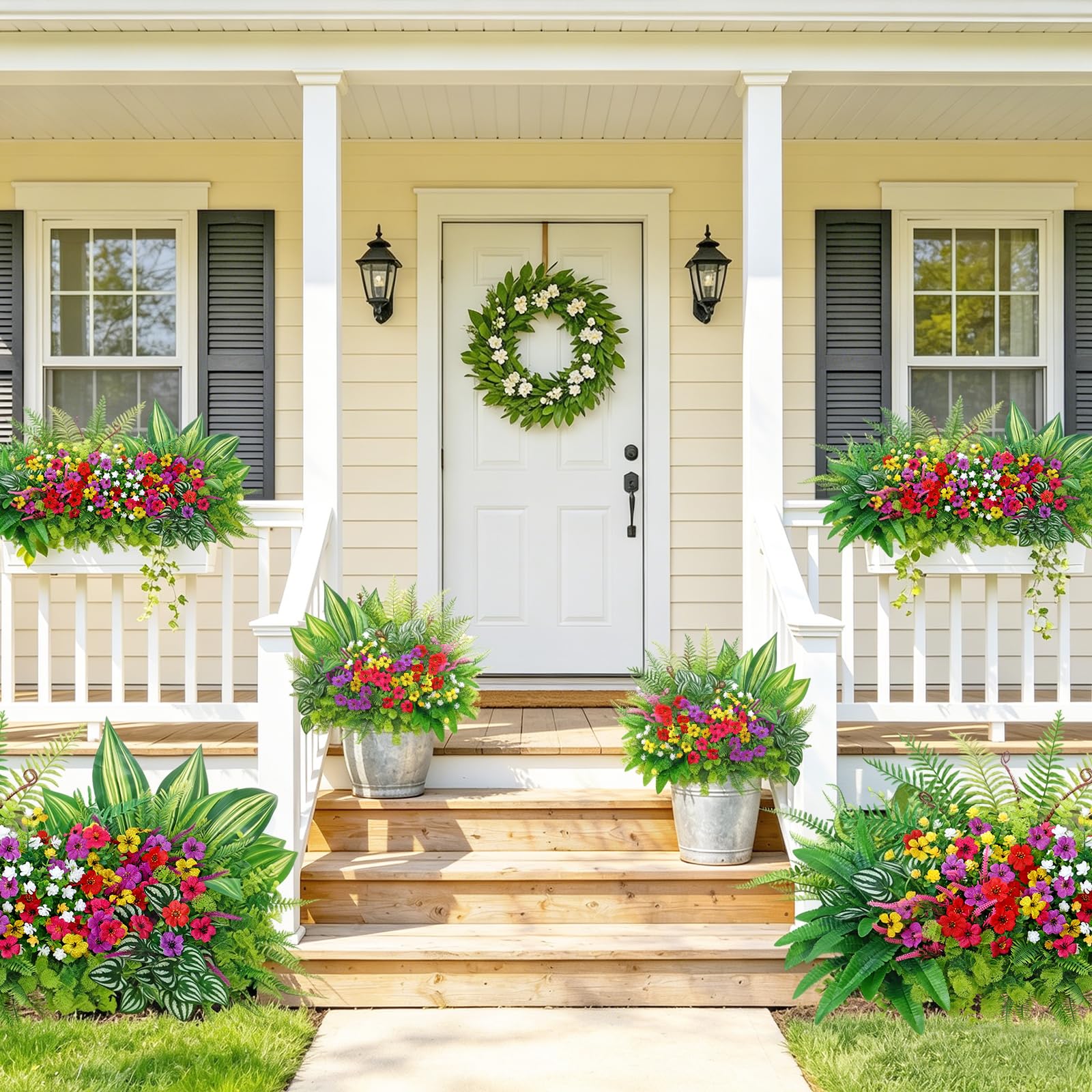 24 piante artificiali fiori per esterni, fiori finti resistenti ai raggi UV, fiori di seta, arbusti in plastica, piante finte per giardino, portico, fioriera, finestra, decorazione per la
