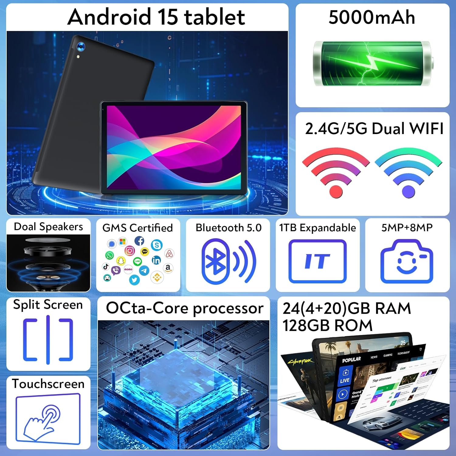 HiGrace Tablet 10 inch, Android 15 Tablets with 24GB RAM 128GB ROM (1TB Expandable), Octa Core Processor, 1280x800 HD IPS Display, 5000mAh, Android Tablet for Gaming/Work/Entertainment - Image 2