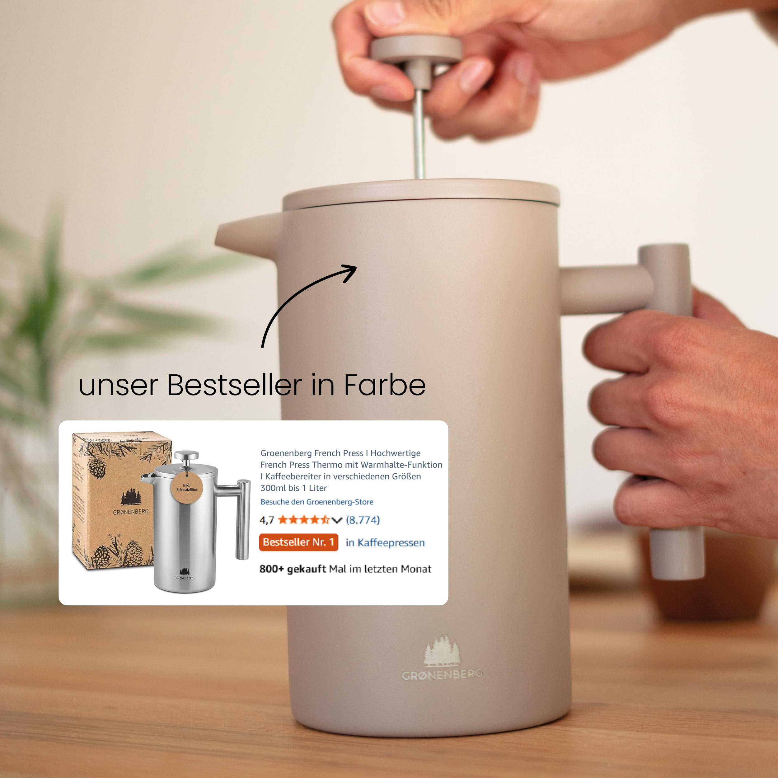 Groenenberg French Press Earth 600 ml o. 1 Liter I Hochwertige Kaffeepresse mit Thermo Warmhalte-Funktion I Edelstahl Kaffeebereiter