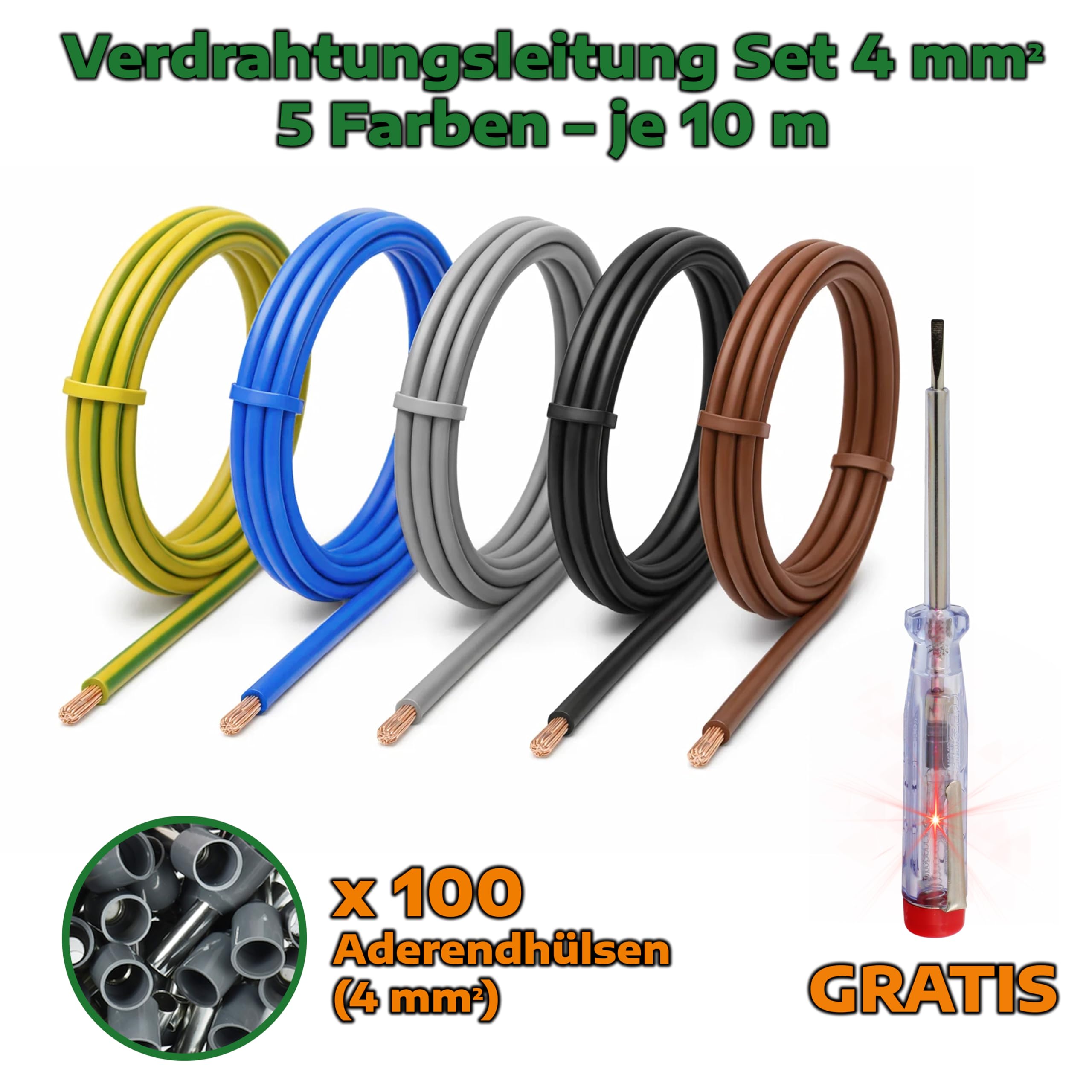 Zestaw okablowania 4 mm² H07V-K przewód żyłowy elastyczny zestaw 5 x 10 m wraz z 100 tulejkami kablowymi przewód okablowania idealny do licznika, przewodów uziemiających i mostów okablowania
