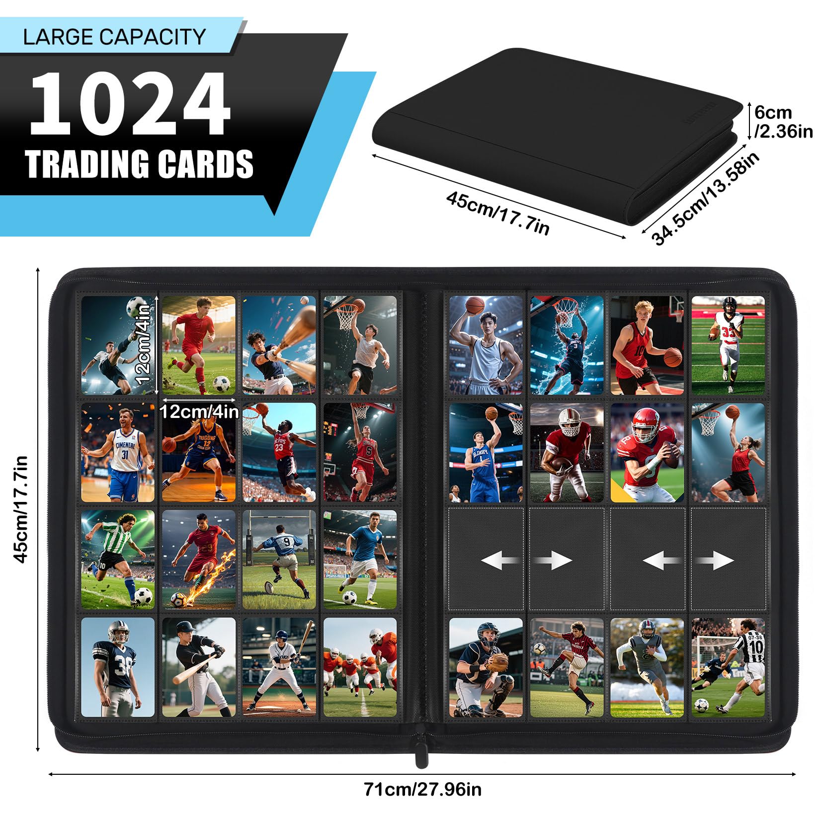 WITHYU Album da Collezione per Carte 16 Tasche, Capacità 1024 Carte - Portacarte Impermeabile Caricamento Laterale con Zip per TCG, Calcio & Collezioni, Portatile (Nero)