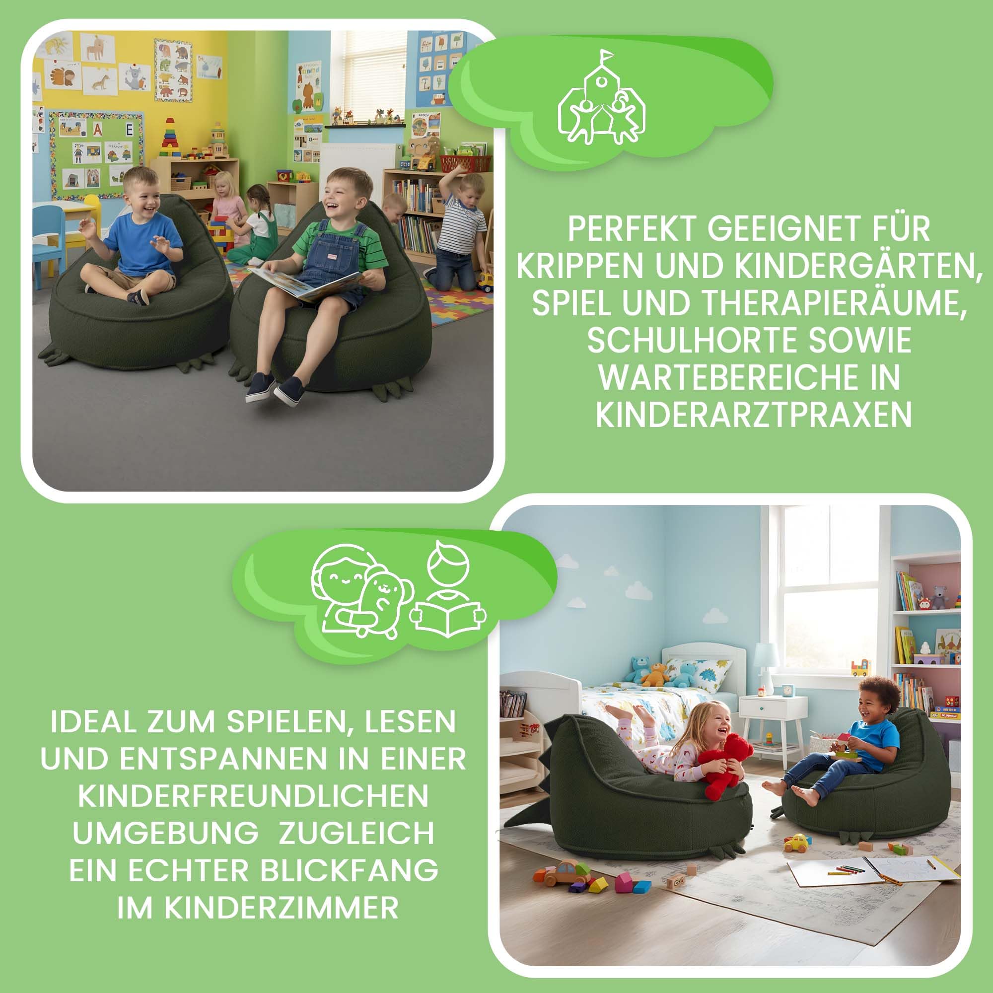 DreamRoots Sitzsack Kinder Dino Form - Kindersessel 315 g/m² Weicher Bouclé Oeko-TEX mit Schaumstoffflocken - Sessel Kinderzimmer, Waschbarer Bezug, Dunkelgrün