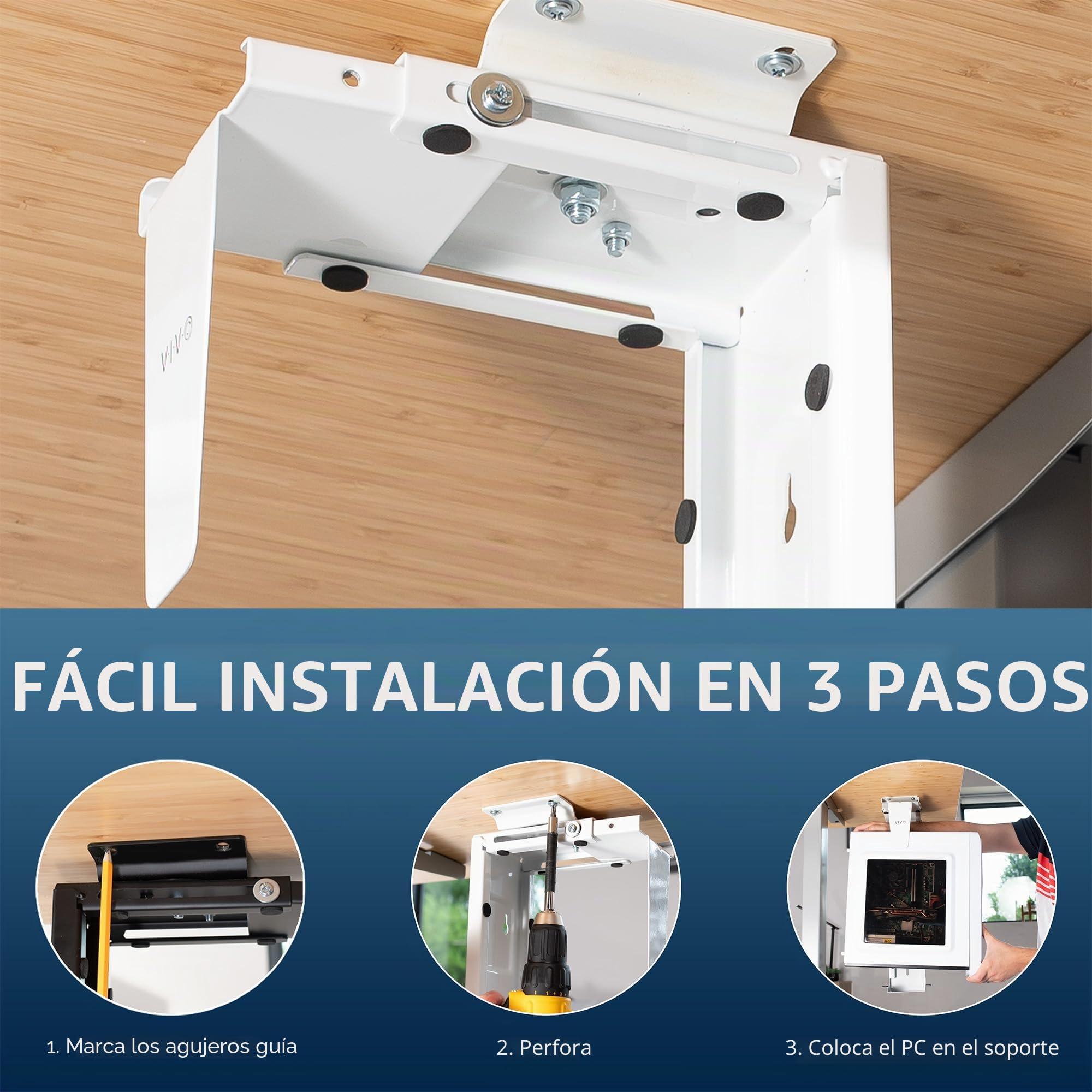 VIVO Mount-PC01W - Soporte Ajustable Debajo del Escritorio y Pared para PC de 3.5 a 7.8 Pulgadas de Ancho, Soporte de CPU con Giro y Bloqueo Seguro, Blanco, MOUNT-PC01W