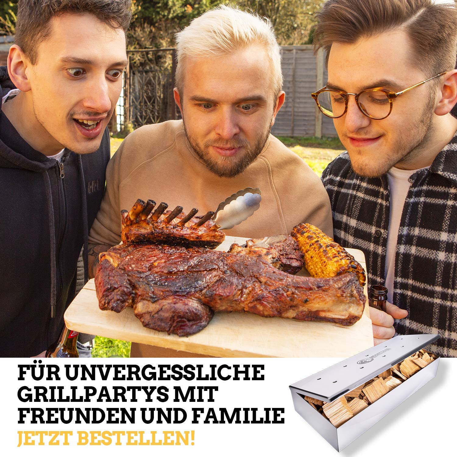 Smoker Box - Cassa per affumicatura per griglie - Deliziosa carne dal sapore affumicato per griglia a gas o carbone - Coperchio con cerniere per un'apertura facile (acciaio inox, finitura lucida)