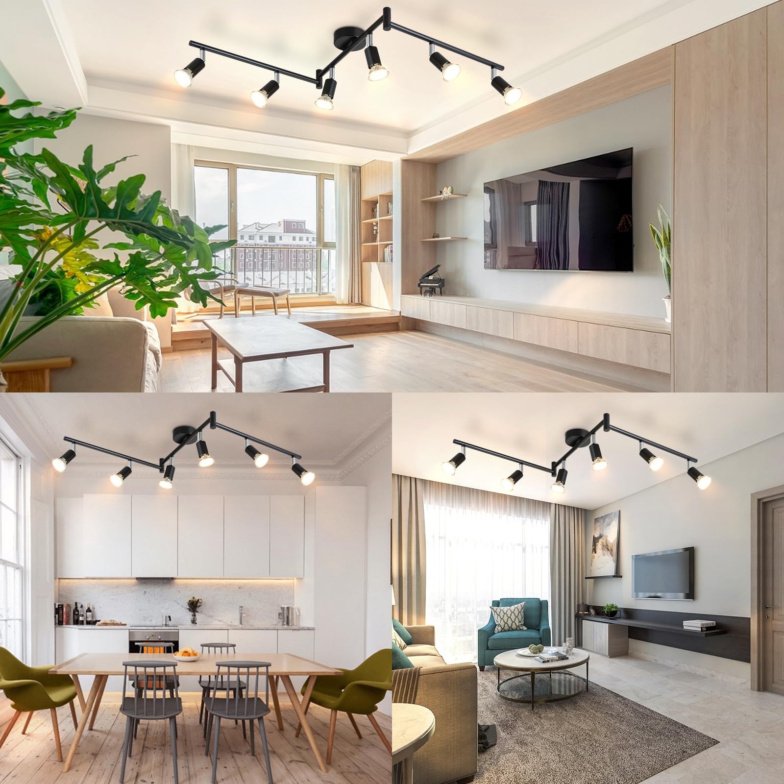 LED Plafoniera 6 Faretti Lampada Spotlight Soffitto GU10 | Girevole 330° Lampadario Industriale Parete Nero Soggiorno Cucina Salotto, Lampadina Non Inclusa