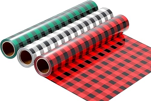 Lámina adhesiva de vinilo termotransferible HTV de Navidad HTV de 10 pulgadas x 15 pies, 3 rollos de parches de Navidad a cuadros verdes, rojos,