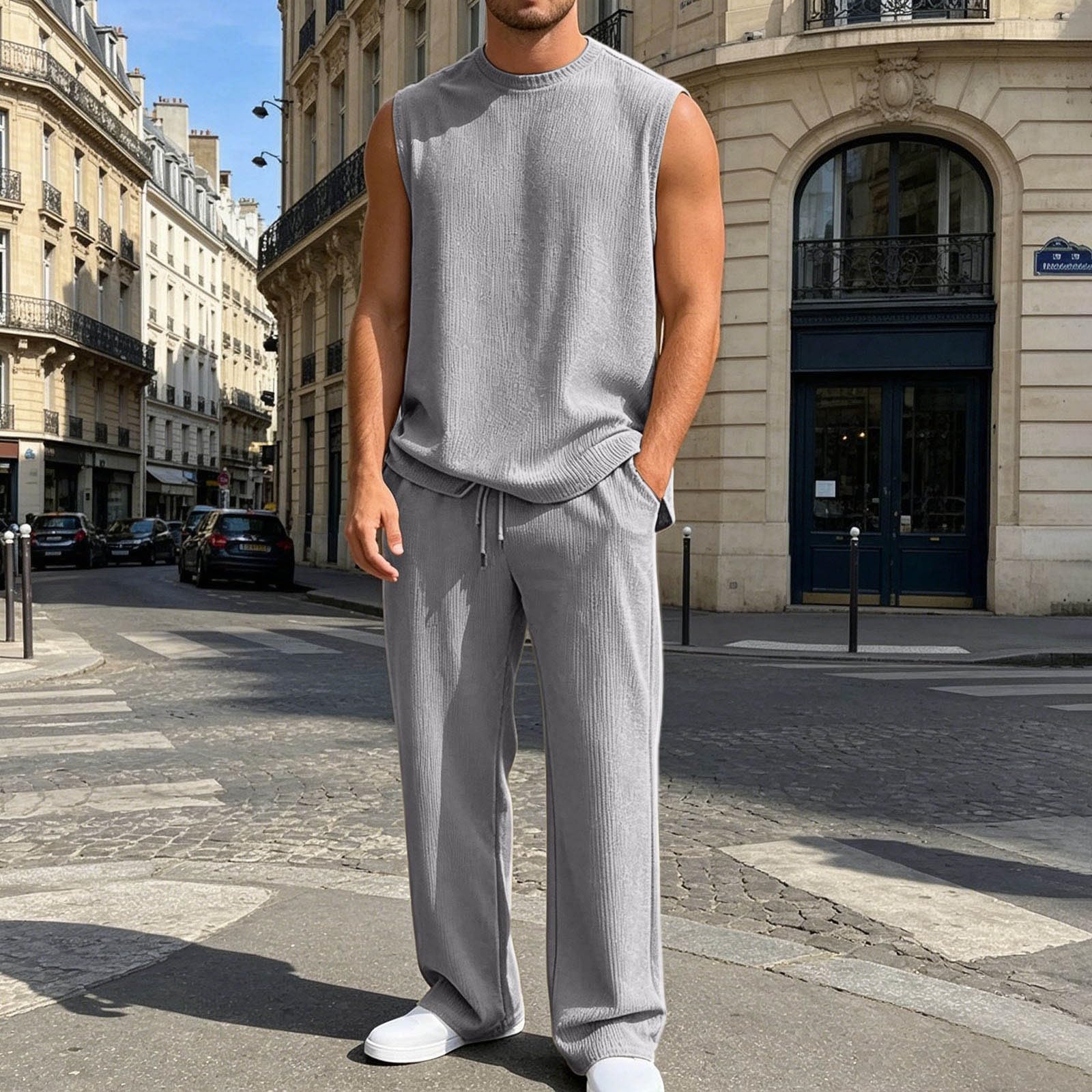 Elegante canotta e pantaloni in maglia per canotta senza maniche con a maglia e pantaloni a gamba larga, sofisticato completo due pezzi per il tempo libero e il relax