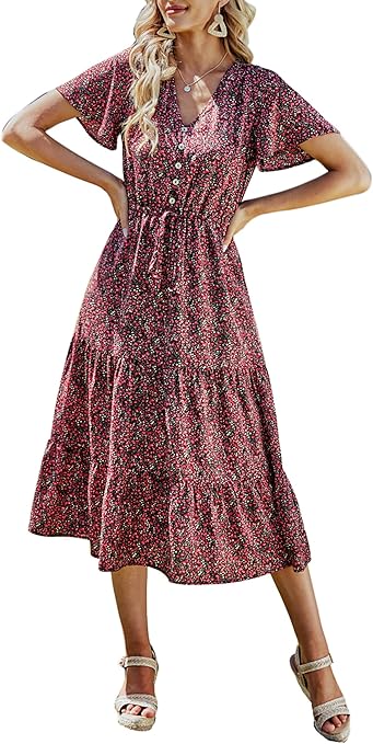 PRETTYGARDEN Summer Floral Dress for Women 2025 Casual Boho Short Sleeve Maxi Dresses V Neck Tiered Flowy Beach Sundress
