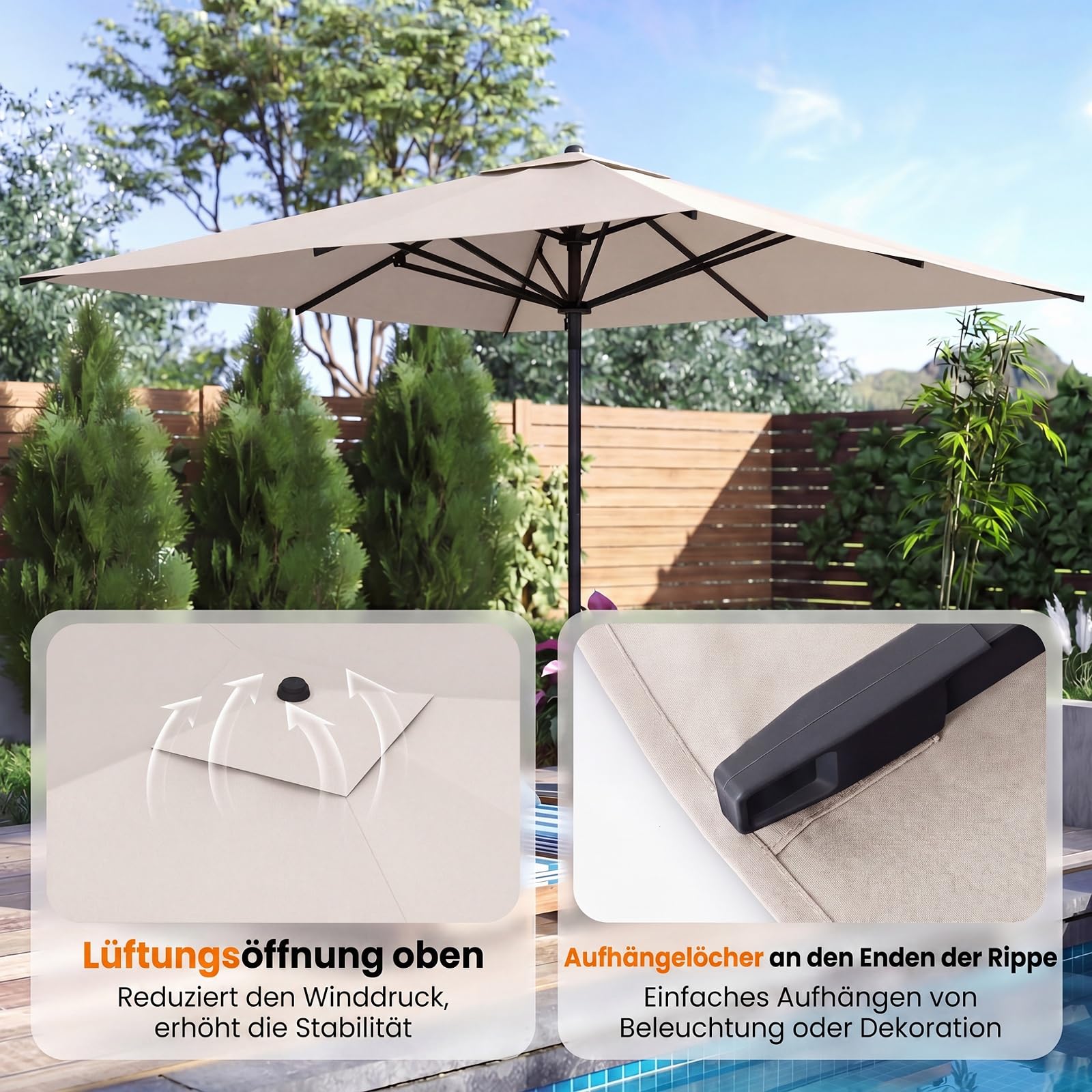 COSTWAY Sonnenschirm Alu 300 x 300 cm, quadratischer Gartenschirm, Terrassenschirm, Marktschirm für Garten, Balkon, Terrasse (Beige)