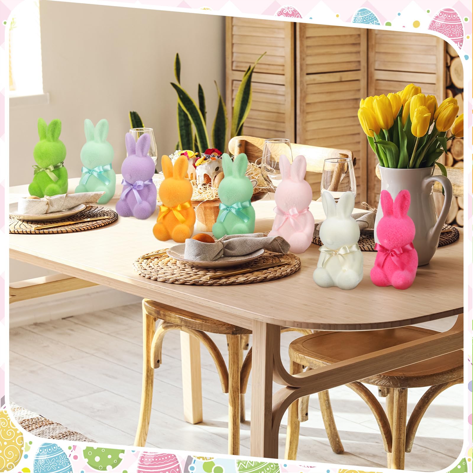 Wesiti Beflockte Osterhasen-Dekoration mit Fliege, Hasen-Figuren für Ostern, Tafelaufsätze, Frühling, Hof, Rasen, Garten, Tischskulptur, Häschen, Kinderzimmer, Dekoration für Ostern, Geschenk,