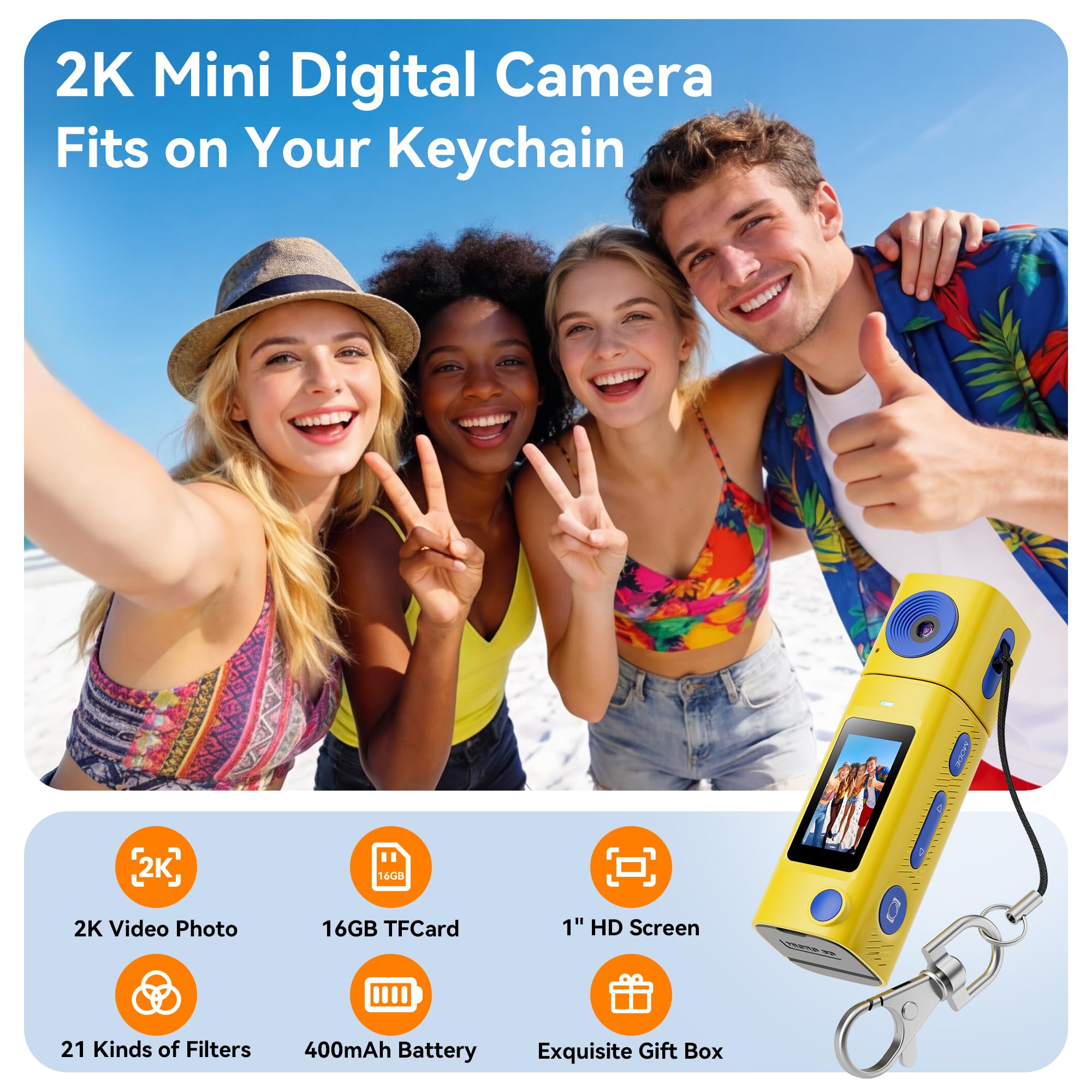 Mini-Schlüsselanhänger-Digitalkamera: 2K-Digitalkamera mit 16-GB-Karte, Vintage-Schlüsselanhänger-Kamera mit 270° drehbarem Objektiv, 400 mAh Akku, tragbare kleine Kameras mit eleganter Geschenkbox