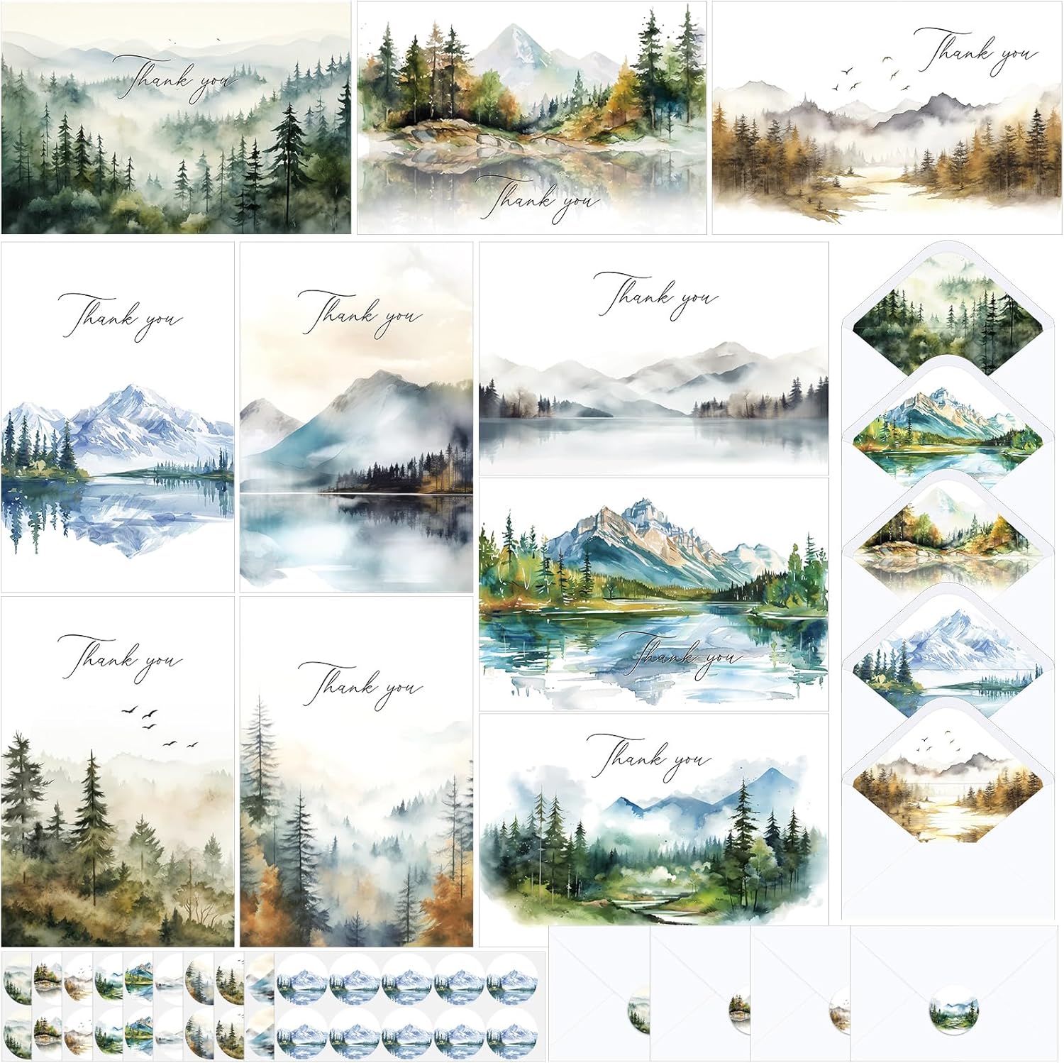 Zhanmai 100 Set Thank You Cards for Gratitude with Envelopes Stickers Bulk 4 x 6 Inch Watercolor Forest Employee Recognition Colorful Greeting Note Card Neon Appreciation Postcard (Forest)
