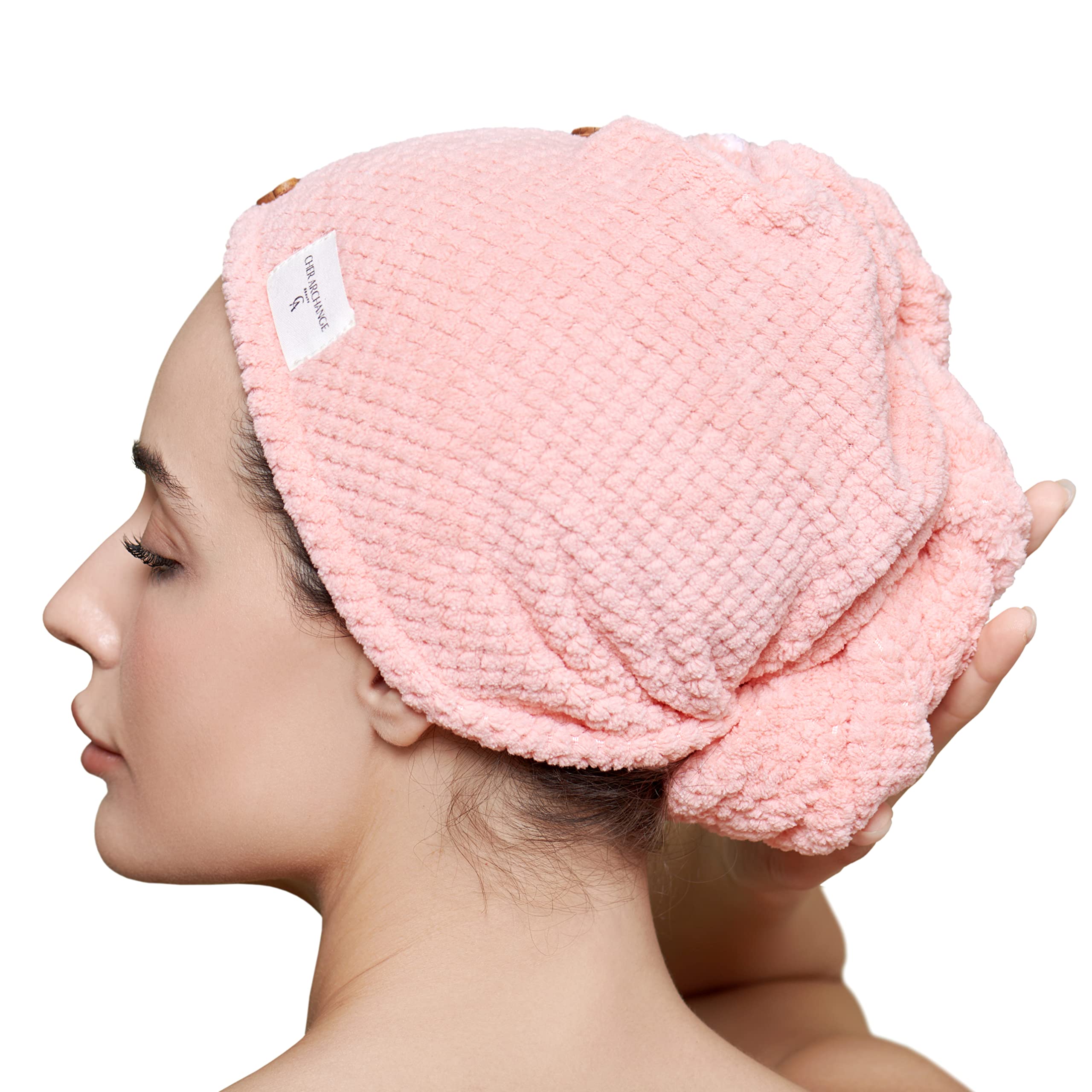 CHER ARCHANGE Pink Microfiber Hair Towel, Hair Wraps for Women and Men Wet Hair, Fast Drying Hair Towel, Anti Frizz Head Towels Wrap for Curly Hair, 2 Secure Button (Pink)