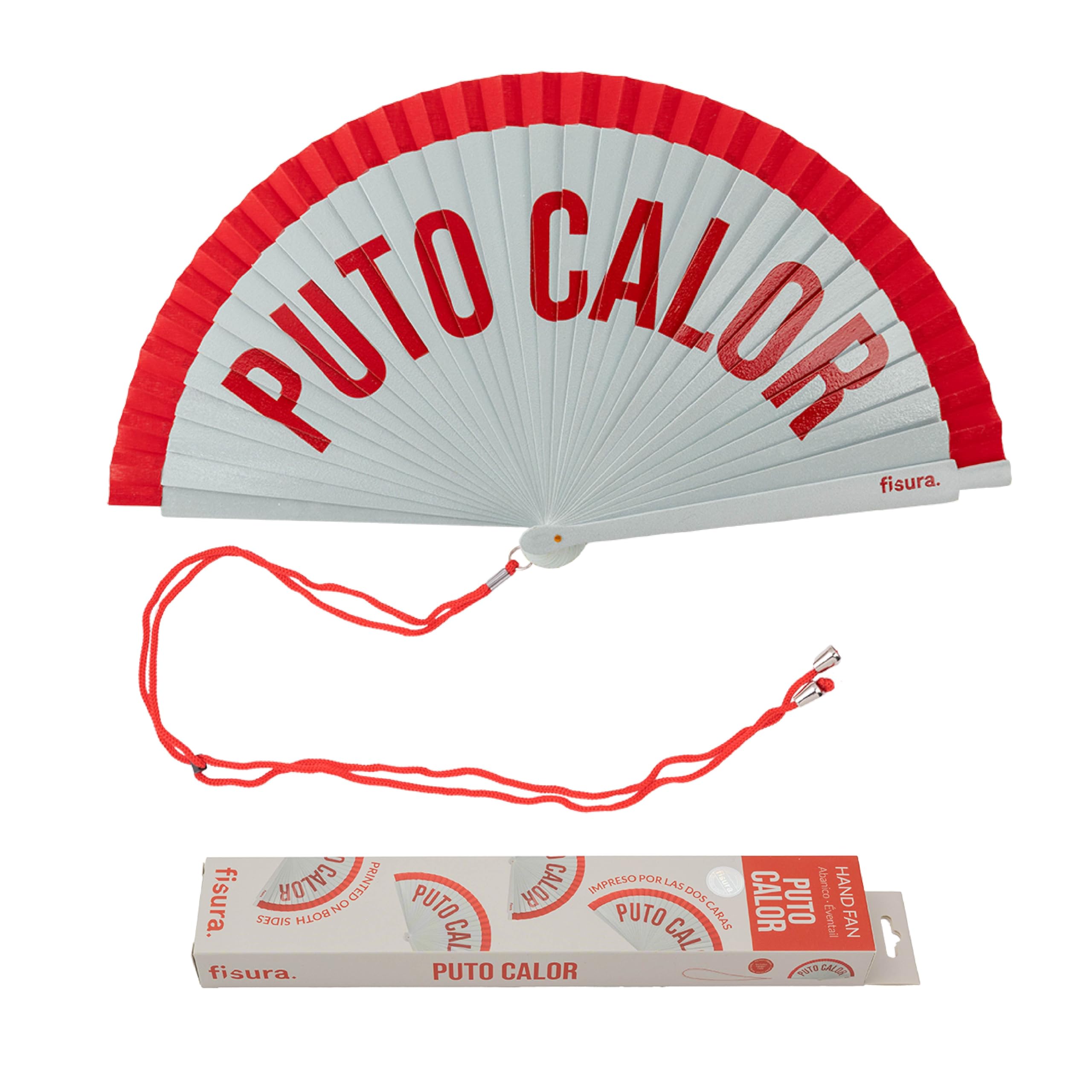 Fisura – Original Folding Handheld Fan with the Message “P*to calor”. Reversible Wooden Folding Fan, Modern and Colourful. Red Design, Hanger Included. Dimensions: 42.5 x 23 cm