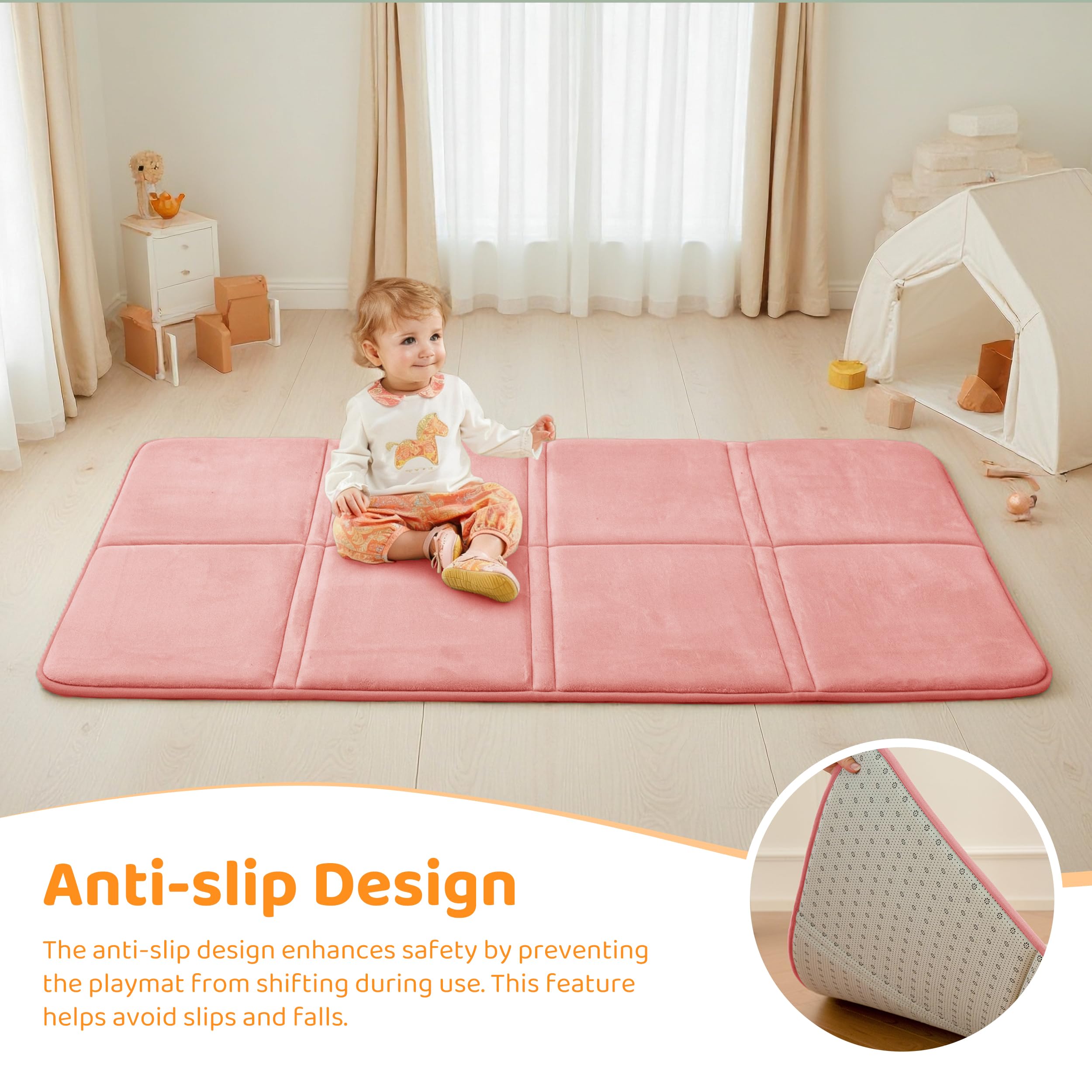BYBYME 3cm Thick Baby Play Mat for Floor, 80 * 150cm Foldable Playpen Mat with Non-Slip Backing for Infant, Kids and Toddler Crawling, and Perfect Carpets for Yoga, Exercise, Pink - 3