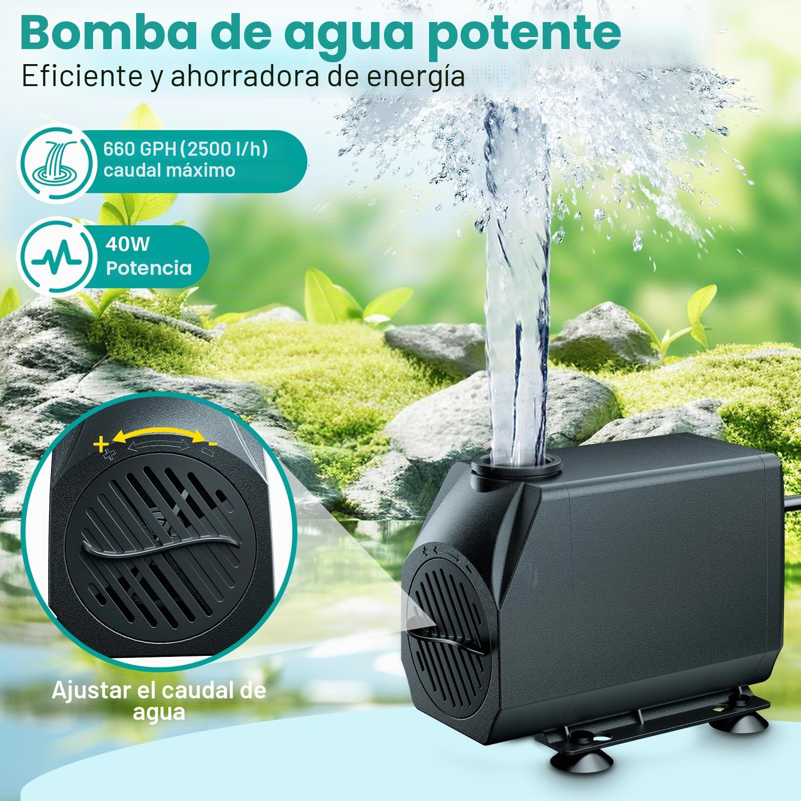 Biling Estanque cascada para estanque de jardín, 20 cm, acero inoxidable, juego de cascada, 40 W, 2500 L/H, bomba de estanque con cascada, decoración, jardín, estanque, juego de agua, patio, terraza