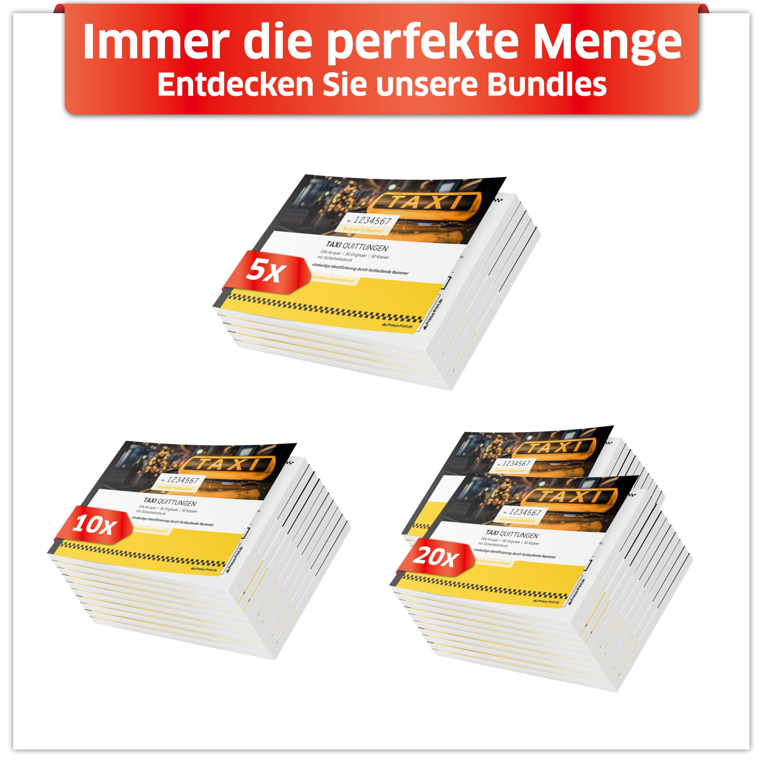 Primus Print TAXI Quittungsblock 5x DIN A6 quer & gelocht, 2x50 Blatt mit Durchschlag, selbstdurchschreibend, mit Perforation und Nummerierung - Quittung - Rechnungsblock - Taxi-Fahrpreisquittung