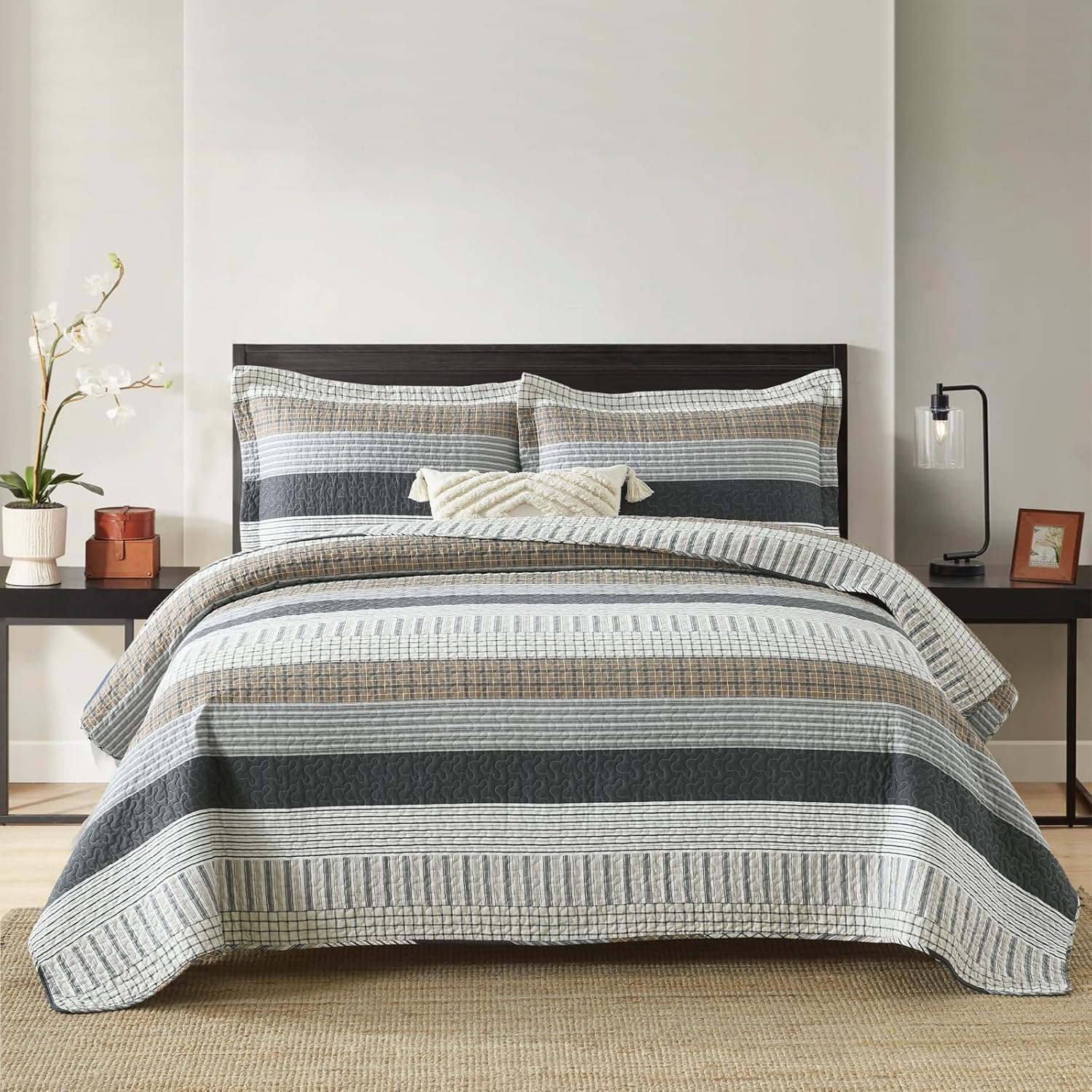 Uniclinens 100% Cotton Quilt Set Queen Size, Queen Quilt Bedding Set Bedspreads, Farmhouse Striped Coverlet, Lightweight Comforter Quilt, 3 Pieces Set with 2 Pillowshams, Gray/Brown/Beige