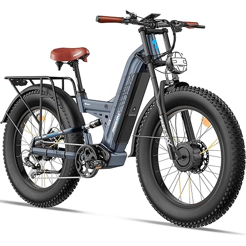 FREESKY Dual Motor Ebike 40+MPH 48V 30AH 2025 Upgraded AWD Peak 4000W Electric Mountain Bike for Adults 26" Fat Tire Long Range Full Suspension Off-Road with Dual Hydraulic Disc Brake Warrior PRO