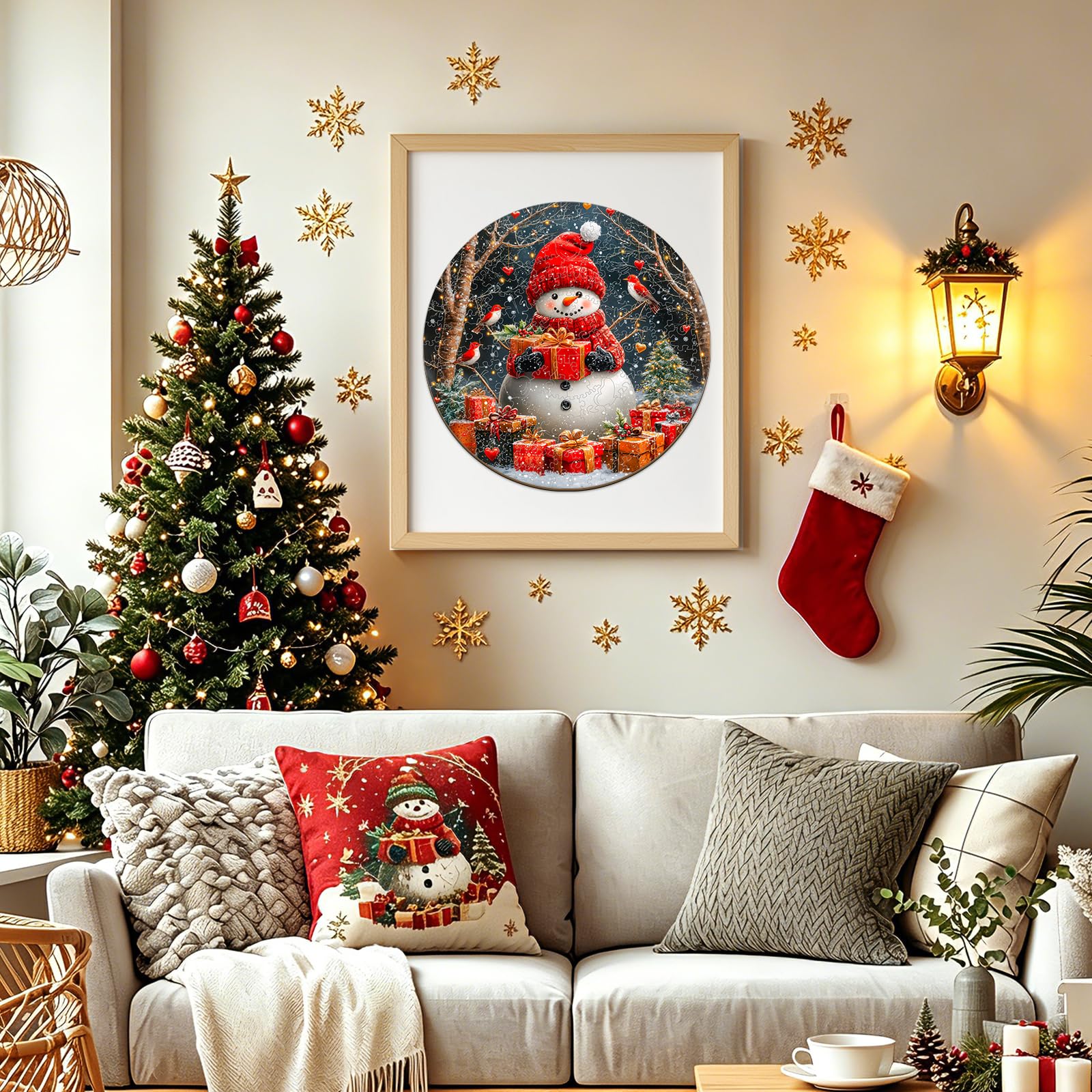 Puzzles de Noël en bois pour adultes – Bonhomme de neige | Pièces de puzzle en bois de forme unique, cadeaux ronds en bois pour les amateurs de puzzle, la famille (34 x 34 cm