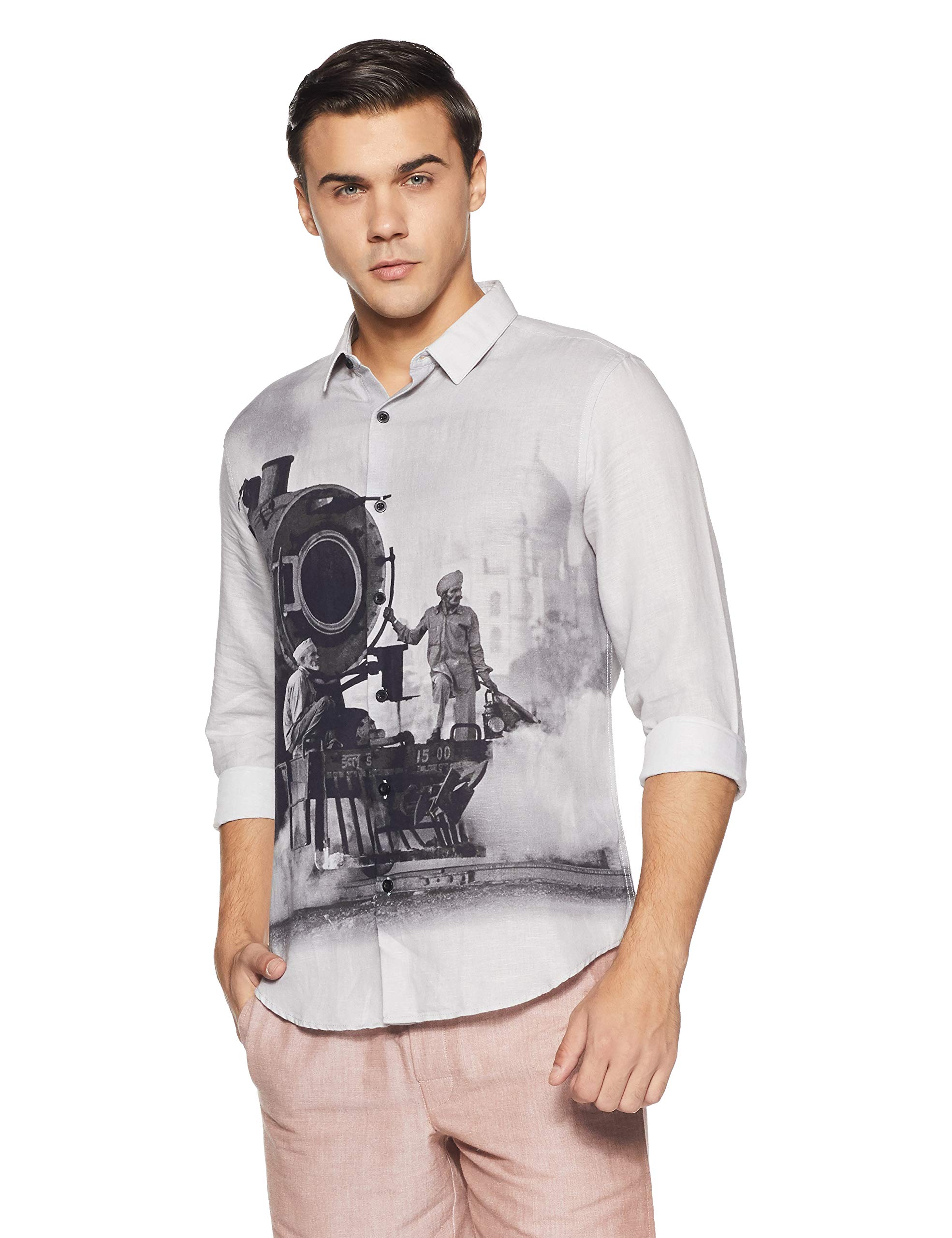 True Blue Men's Solid Slim Fit Casual Shirt (2031747707_Grey_S)